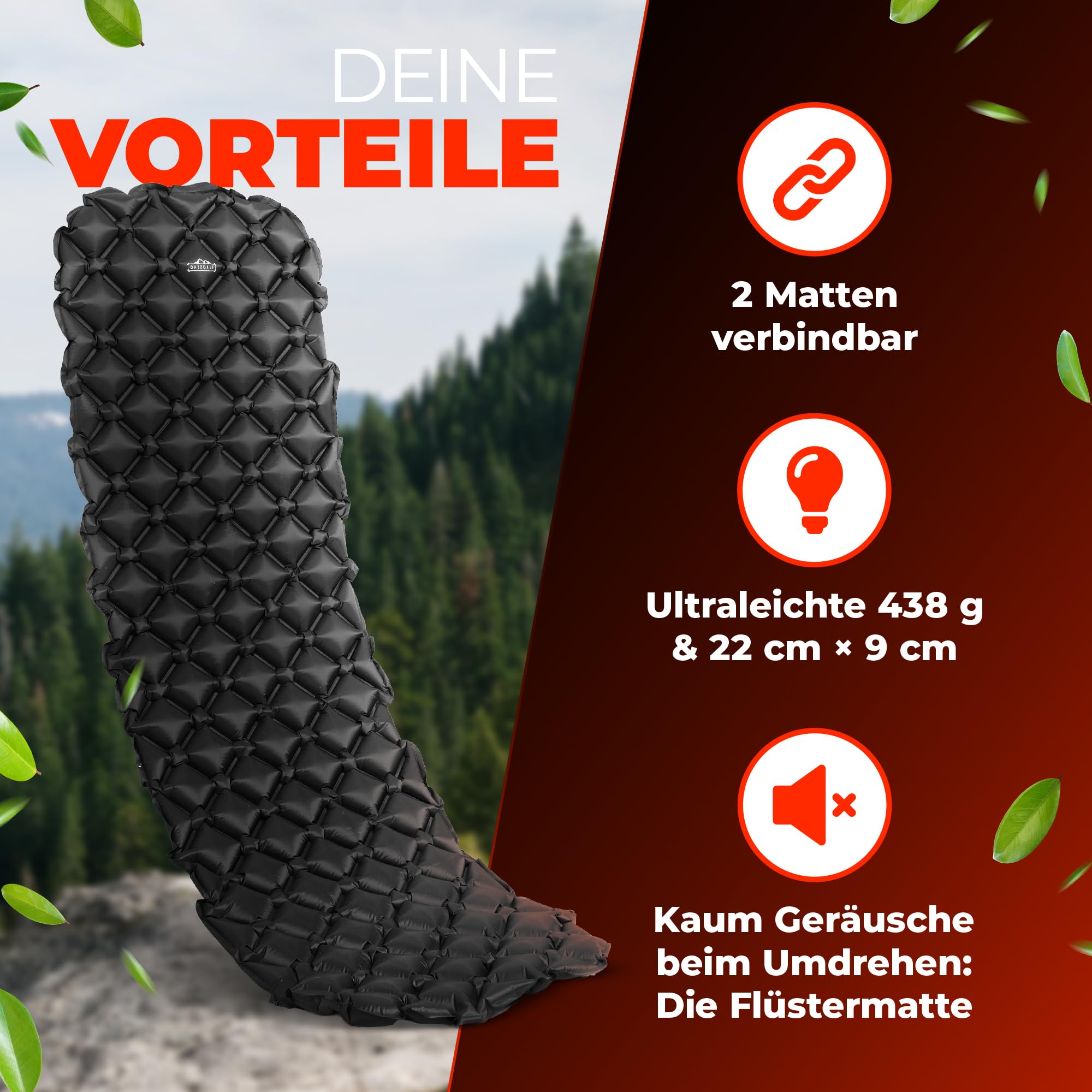 Isomatte Camping [Luftmatratze Ultraleicht mit 438g] Matratze mit Druckknöpfen zum verbinden, Schlafmatte für Outdoor campen | Ultraleichte, geräuscharme Iso-Matte, kleines Packmaß