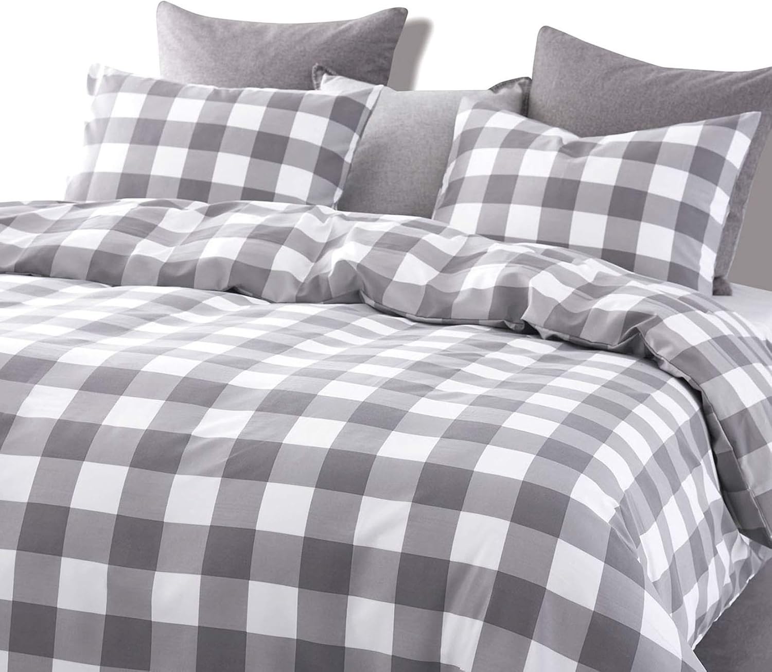 Wake In Cloud - Gingham Comforter Set, Plaid Buffalo Check Checkered Cottagecore Cute Geometric, Soft Lightweight Bedding, 3 Pieces, Gray, Queen Size