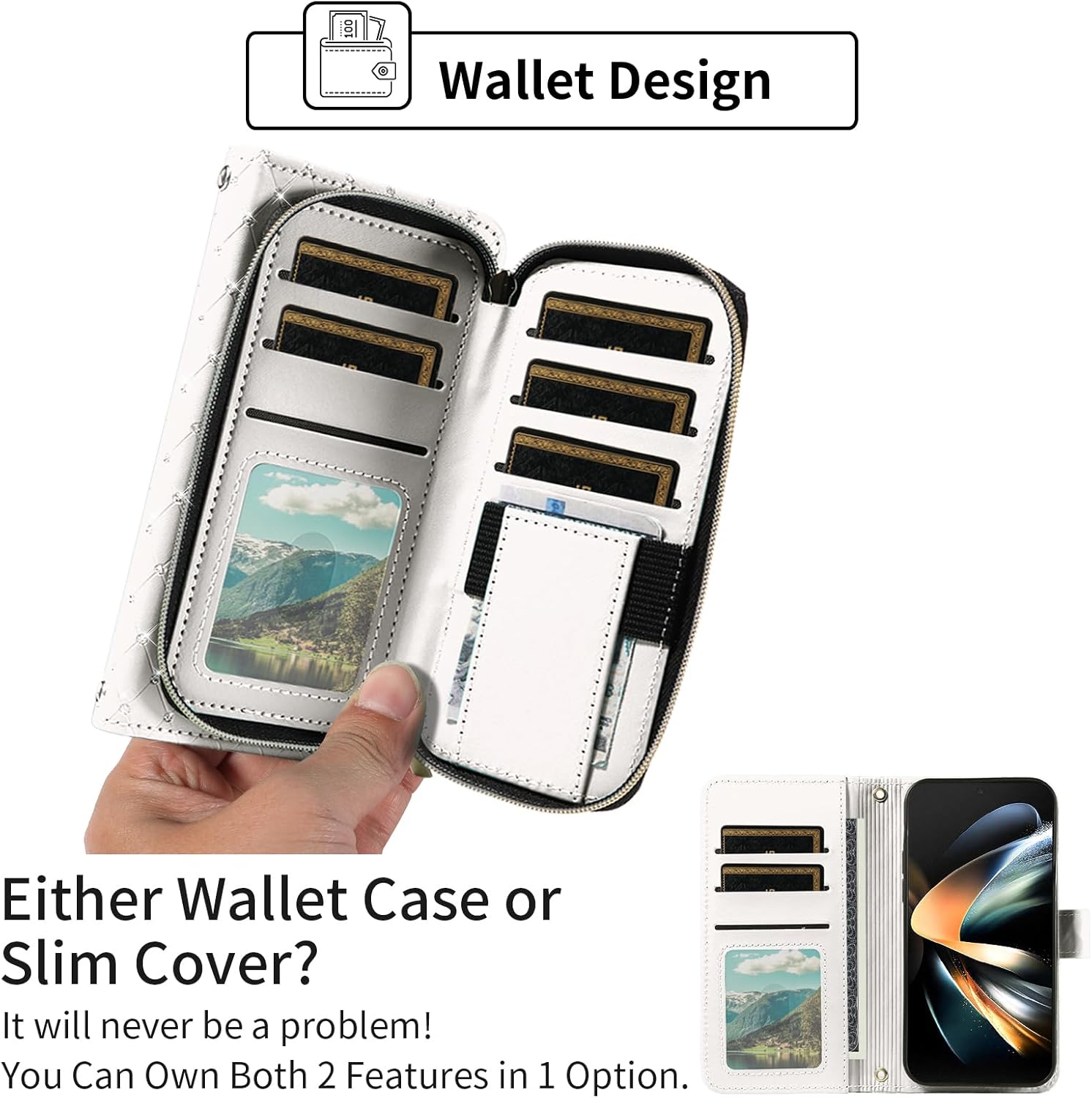 Asuwish Phone Cover for Samsung Galaxy Z Fold 4 5G 2022 Wallet Case Cell Zipper with Crossbody Lanyard Strap Bling Glitter Flip Card Holder Slot ZFold4 Z4 Fold4 ZFold 4Z ZFold45G Women Girls White
