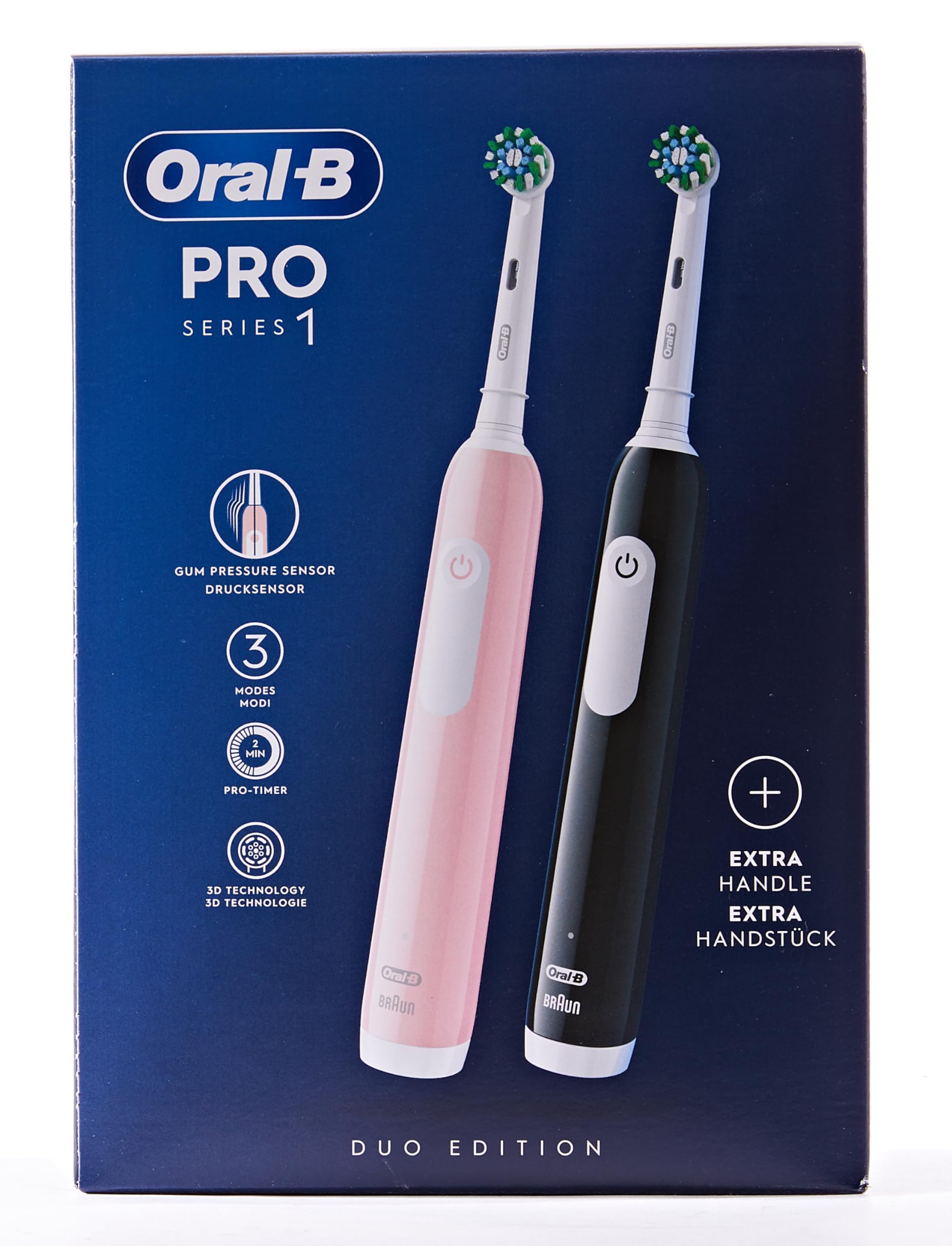 Oral-B Pro Series 1 - Cepillo de dientes eléctrico, paquete doble, 2 cabezales de cepillo, 3 modos de cepillado y sensor de presión para cuidado dental, diseñado por marrón, rosa/negro