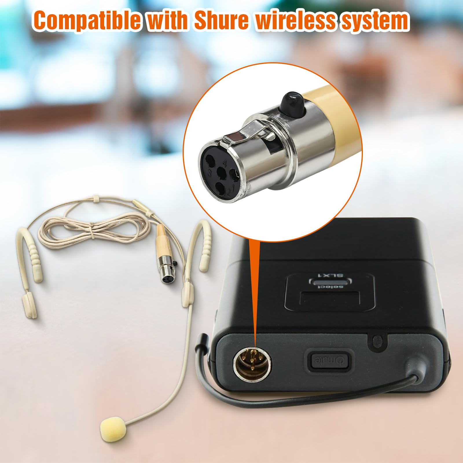 Headset-Mikrofon mit zwei Ohrhörern, zum Aufhängen, Mini-XLR, 4-poliger TA4F-Stecker für Shure, Silikon-Ohrbügel, 1,5 m Kabel, geeignet für Bühne, Vorträge, Live-Auftritte, Theater, 5 Stück
