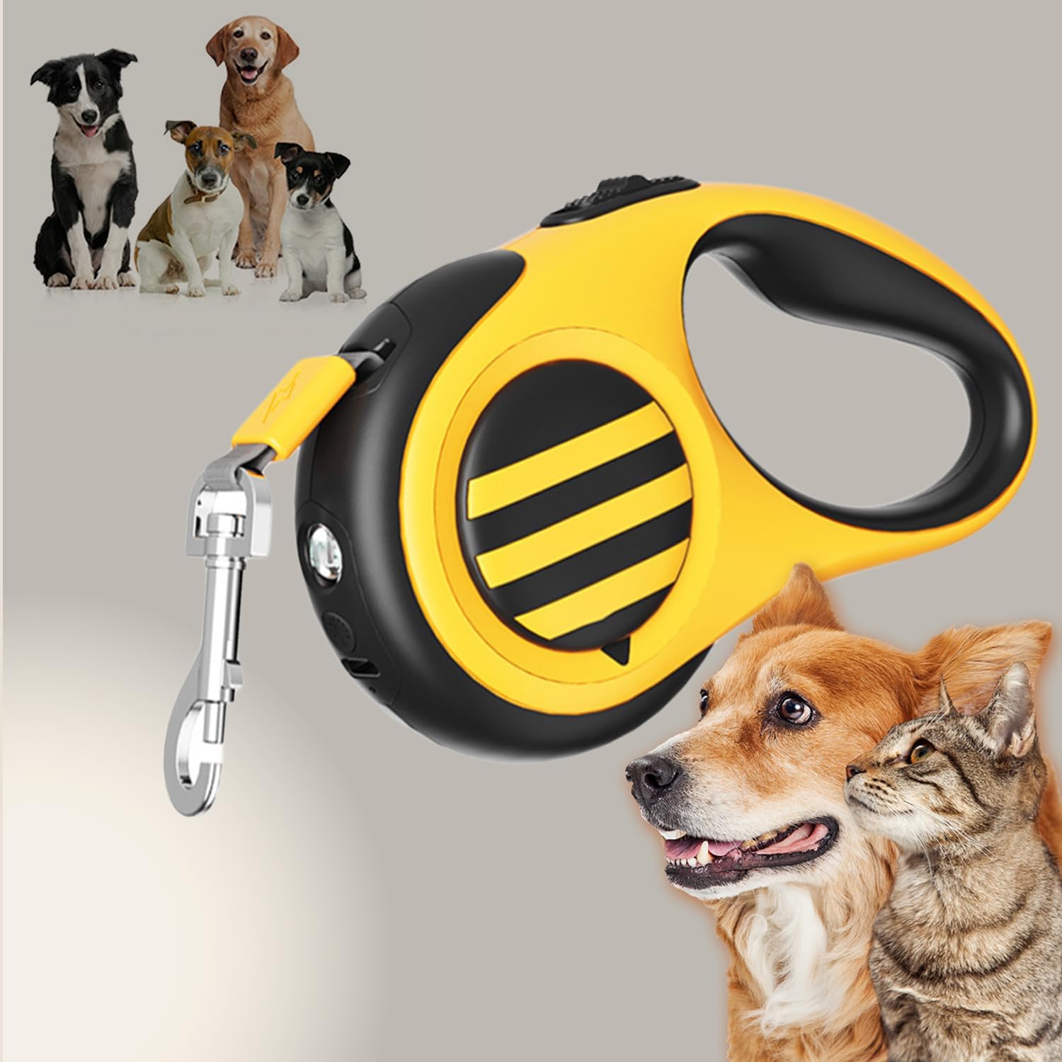 Retractable Dog Leash with Rechargeable LED Light, 16ft Dog Walk Leash for Small Medium and Large Dogs, Dog Retractable Leash with Strong Nylon Tape One-Button Control (Yellow)