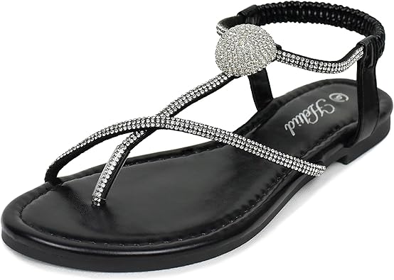 Womens Rhinestone Thong Flats Sandals, Clip Toe Elastic T-Strap Bohemia Dressy Sandals for Women