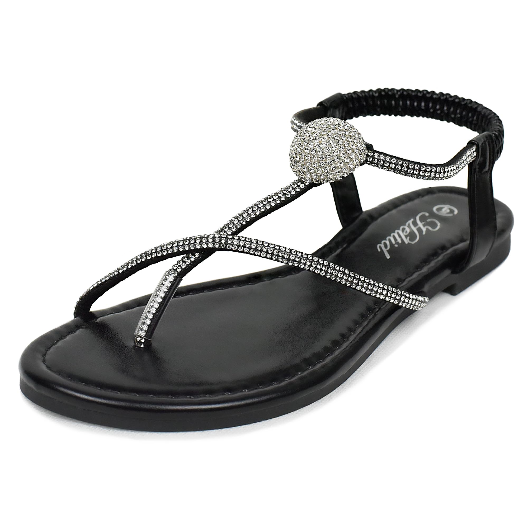 Heltid Women's Rhinestone Thong Flats Sandals, Clip Toe Elastic T-Strap Bohemia Dressy Sandals for Women