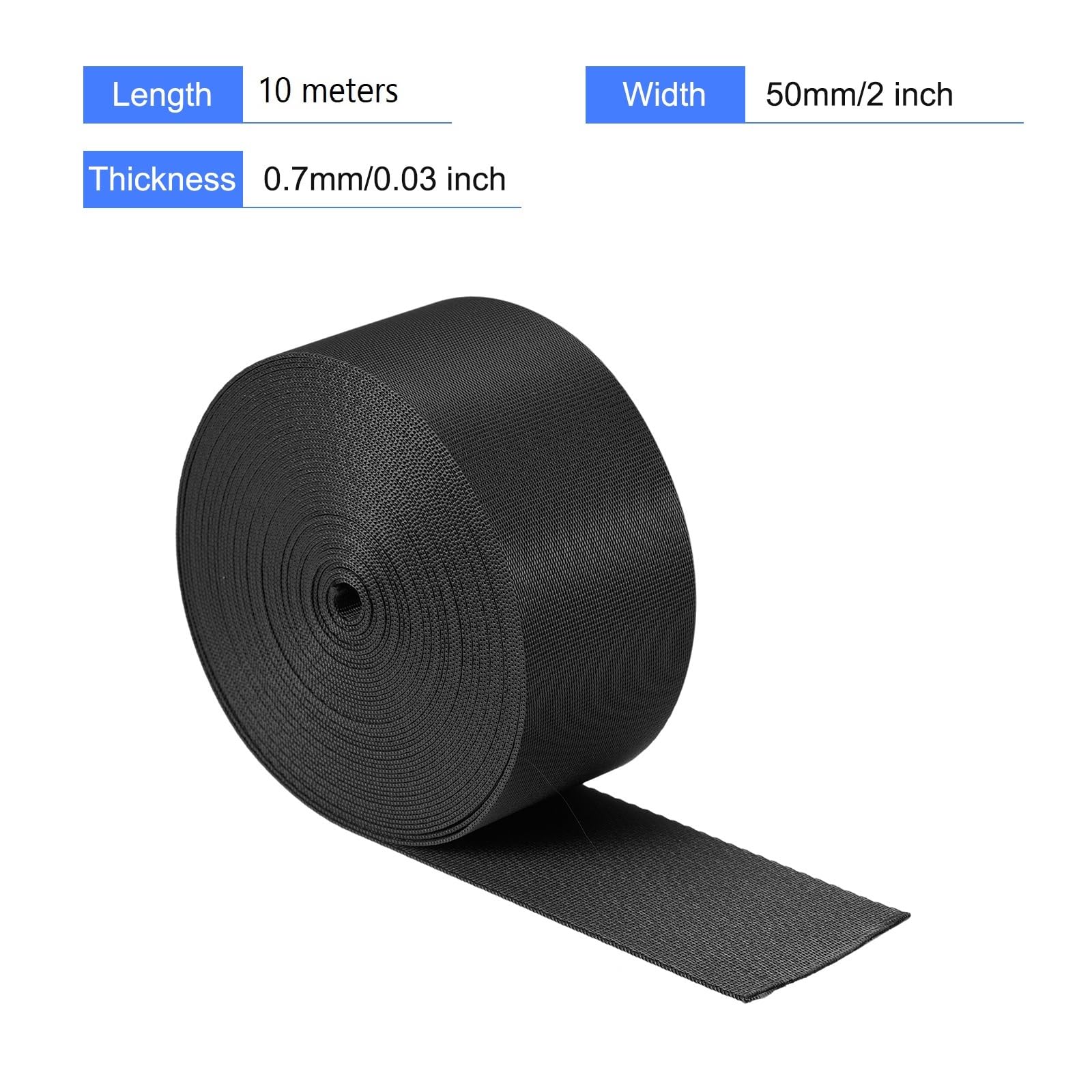 Nylon Webbing Strap, 10 Metres, 1 inch/1.5 inch/2 inch Width, 0.7 mm Thickness (Black, 2 inch)