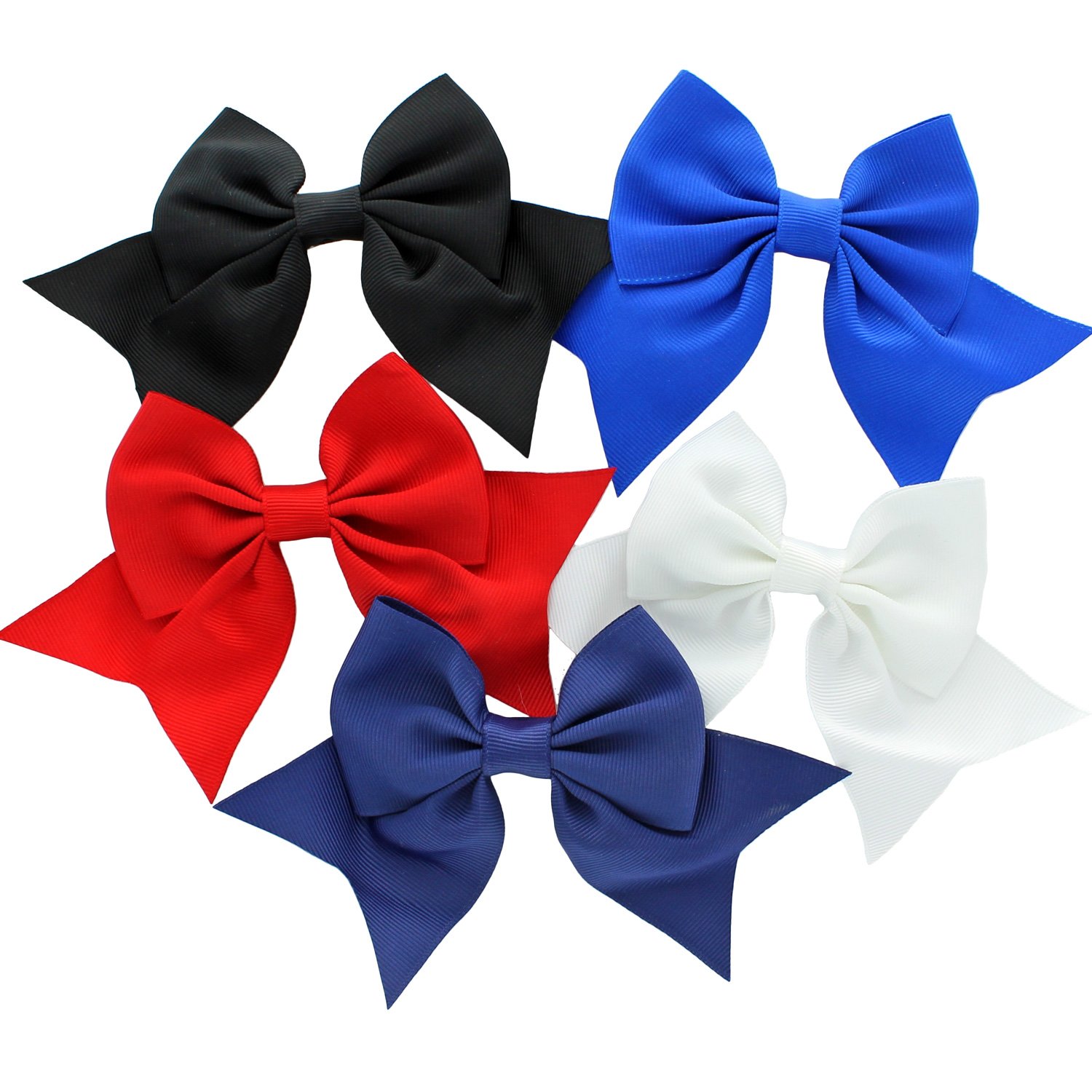 My Lello Medium 5.5" Girls Classic Boutique Tails Grosgrain Hair-Bow Mixed Cheer Variety 5 Pack Black/Royal Blue/Red/White/Navy