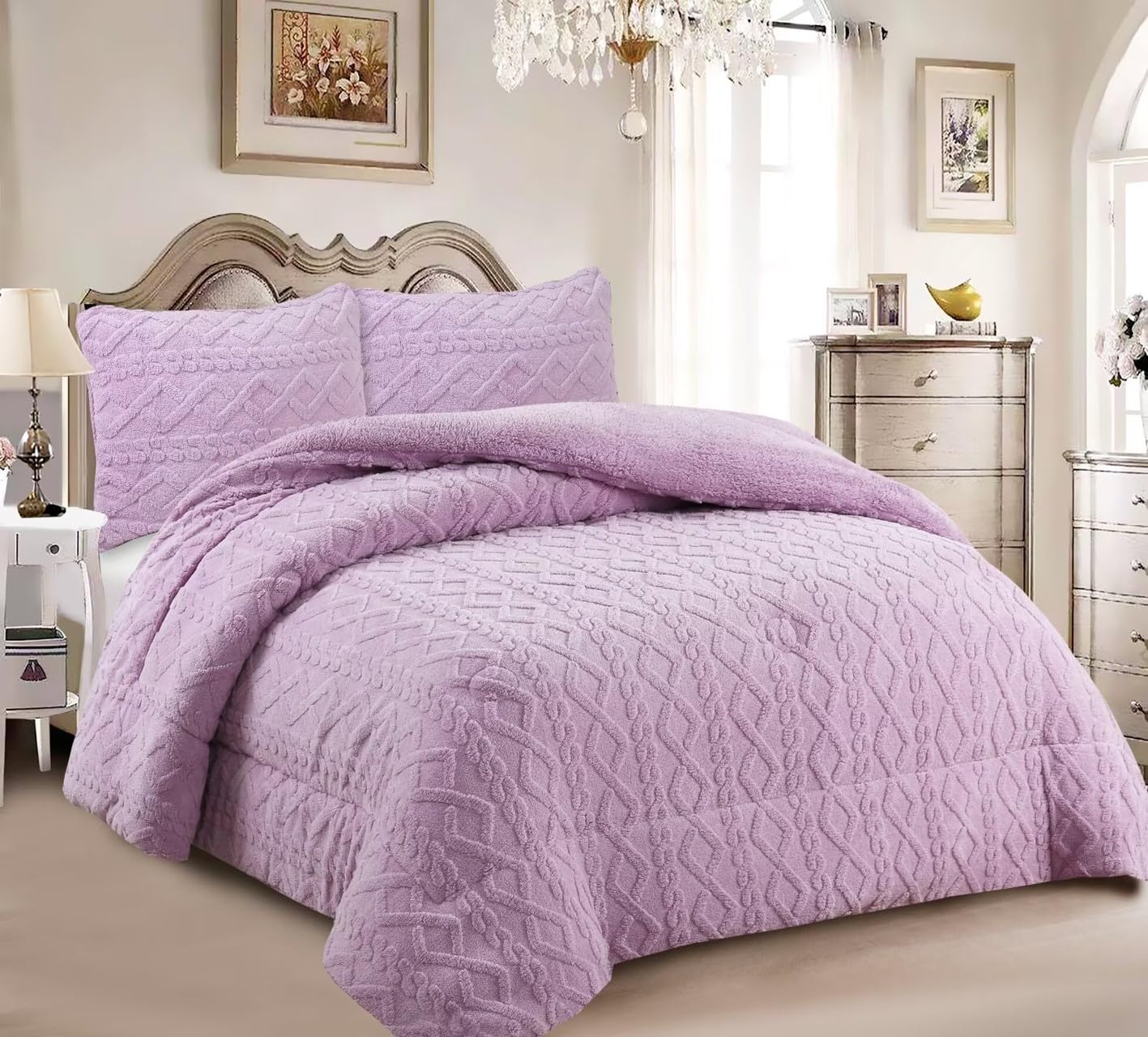 Edredón Borrego Invierno 230x250 cm – Nórdico Efecto Borreguito Extra Suave y Cálido – Edredón Invierno para Cama 135/150 cm – Incluye 2 Fundas de Almohada (Lila, Cama 135)