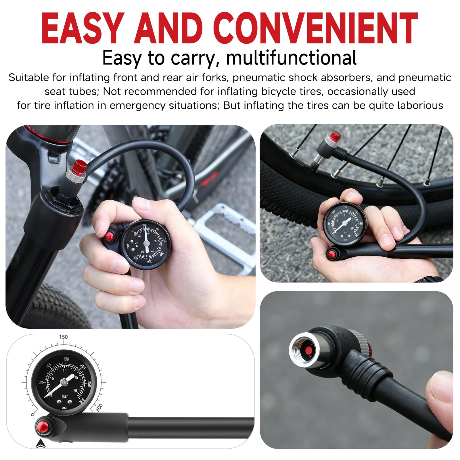 Federgabel Dämpferpumpe, Hochdruck Stoßpumpe, Hochdruck Dämpferpumpe Fahrrad 300 PSI, Luftgabel-Stoßdämpfer, Federgabelpumpe mit Manometer & Entlüftung, Bike Pump für MTB/Rennrad Gabel & Stoßdämpfer