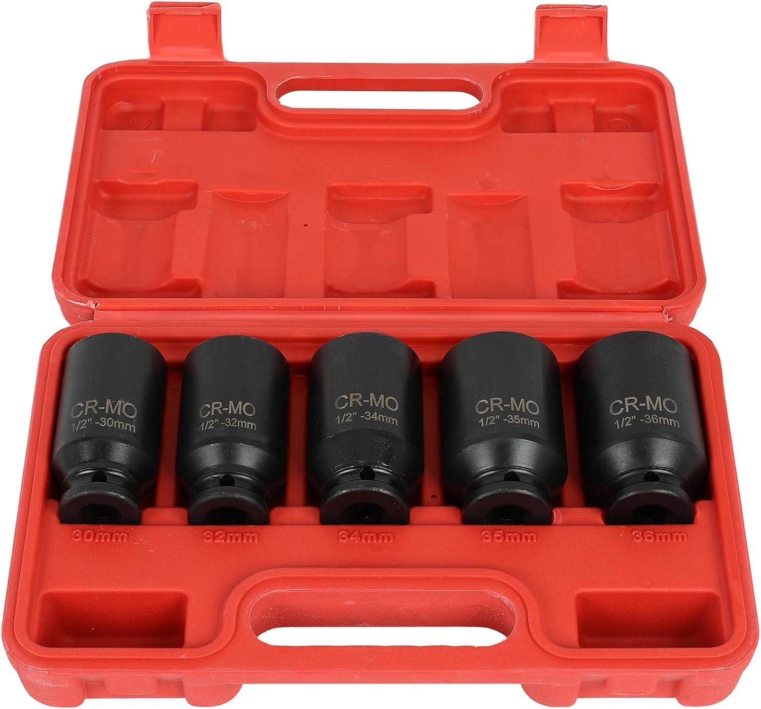 5-Piece 1/2 Inch Drive Deep Impact Axle Hub Socket Set Fit for Most Cars, 12 Point, 30mm, 32mm, 34mm, 35mm, 36mm