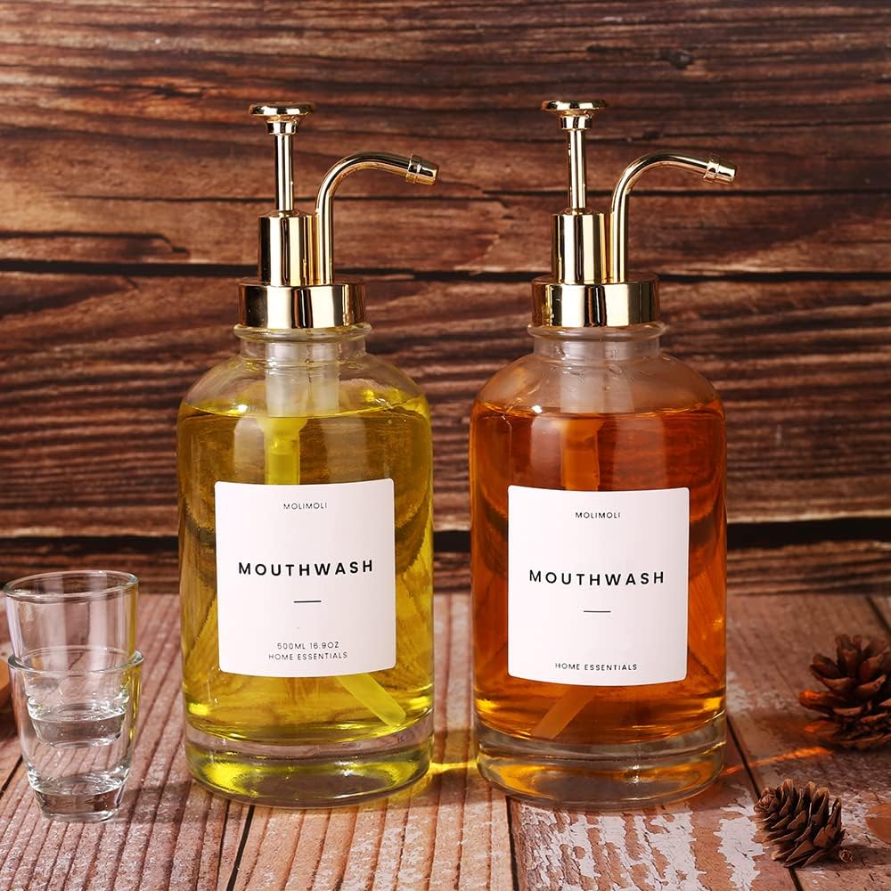 Molimoli Hand Bathroom Soap Dispenser Set, Glass Mouthwash Dispenser for Bathroom, Dish Soap Dispenser for Kitchen Sink, Soap Dispenser Pump, 500ml/16.9 Oz, Set of 2, Gold
