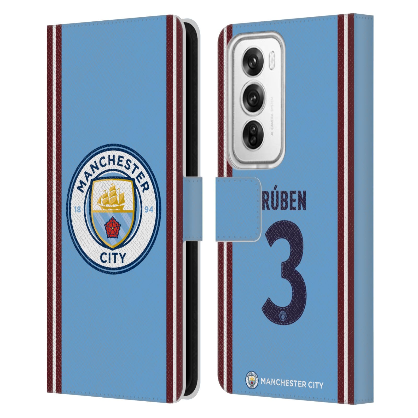 Head Case Designs Officially Licensed Manchester City Man City FC Rúben Dias 2022/23 Players Home Kit Leather Wallet Case Compatible with Oppo Reno12 Pro 5G