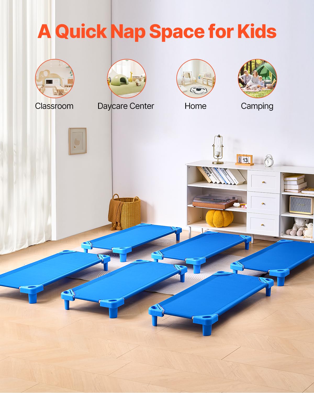 VEVOR Lit de Sieste empilable pour Enfant, 6 pcs, lit de Couchage Portable pour Tout-Petits, 130 x 57 cm, lit de garderie pour Enfants, pour Salle de Classe préscolaire, pour Dormir, se Reposer, Bleu
