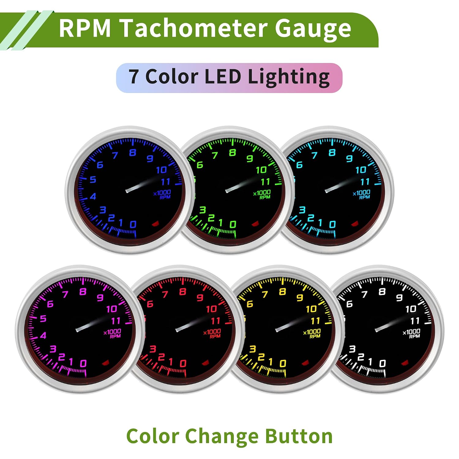 2" 52mm Tachometer Gauge Colorful Pointer RPM Tachometer Tach Gauge 0-11000RPM W/Sensor and Bracket Universal DC 12V
