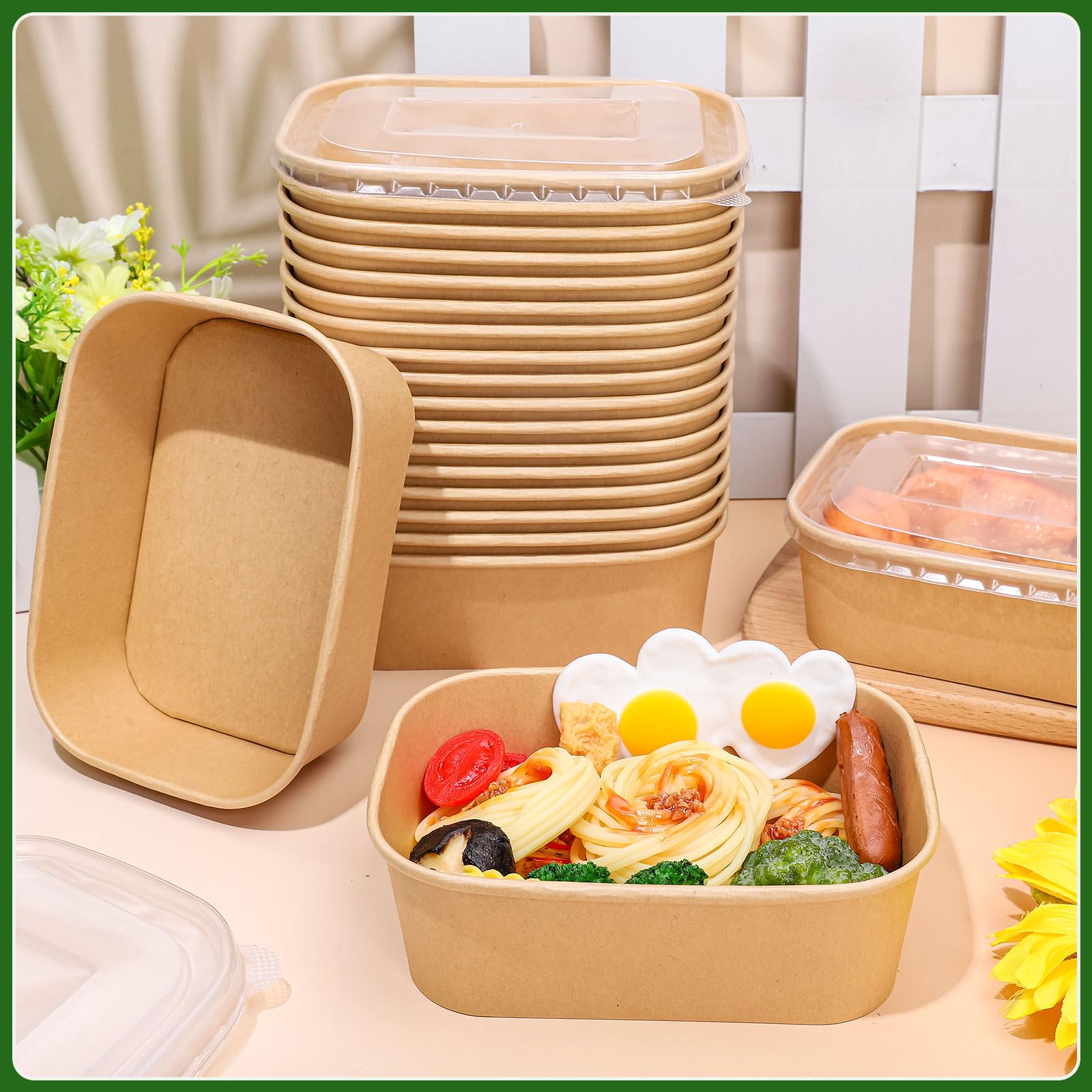 FYSUIMU 100 cuencos desechables de papel kraft de 26 onzas con tapas, recipientes rectangulares para alimentos, cuencos de ensalada para el hogar, camping, restaurante, caliente y frío para llevar