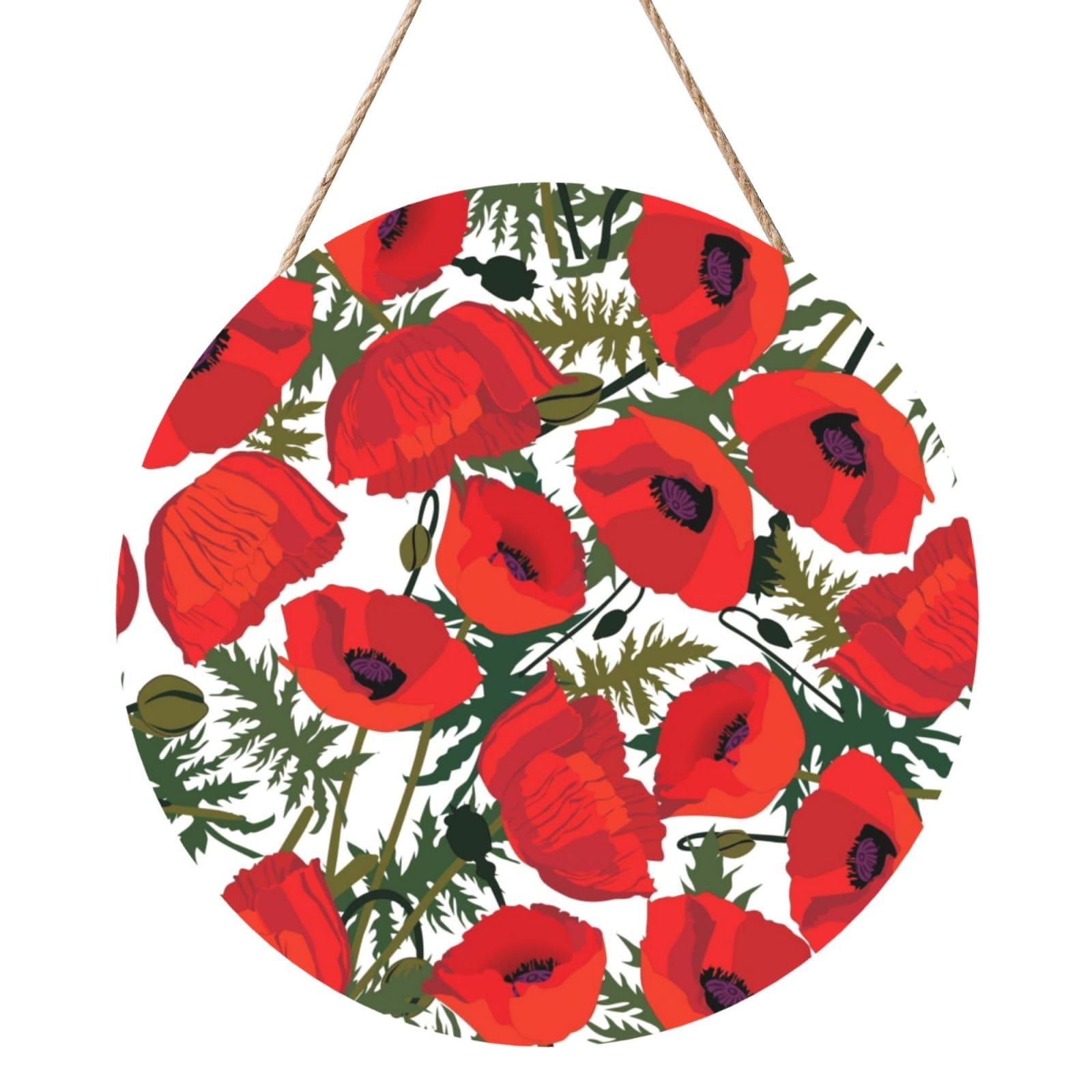 InOmak Poppy Flower Pattern Printed, Round Wood Panel Painting 12 in, Wall Hanging Painting For Home