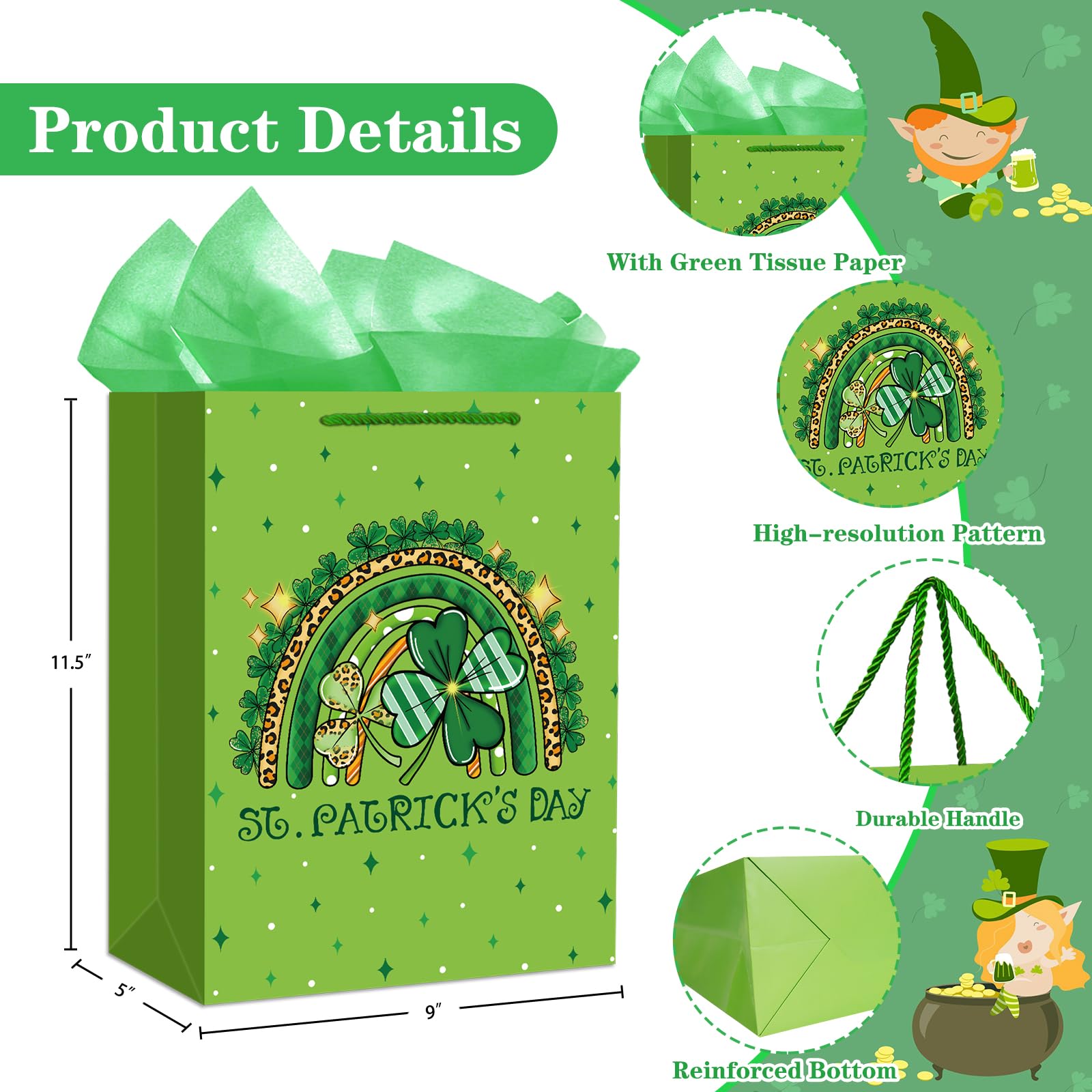 WaaHome Sacchetto Regalo Per San Patrizio Con Manico | Trifoglio Verde 29,8 Cm Con Carta Velina