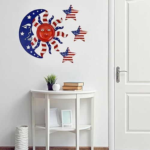Miniatura 3 de Decoración de pared de sol, 4 piezas de decoración grande de sol, luna, estrella, escultura de pared, bandera estadounidense, decoración para colgar