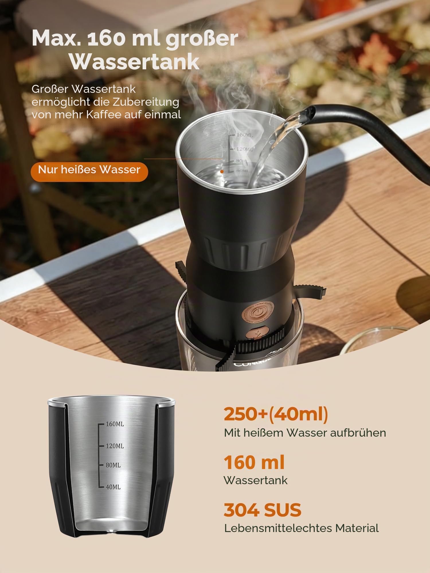 CONQUECO Tragbare Espressomaschine für Unterwegs: Mini Kaffeemaschine to go Akku - 160ml Tassen Kaffeeextraktion - für gemahlenen kaffee und NS kapseln (Keine Selbstheizung)