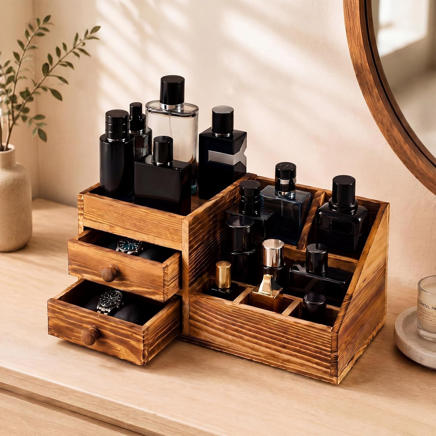 Novabright Wooden Cologne Organizer for Men with Drawer, Mens Bathroom Countertop Grooming Storage, Multi-compartment Perfume Display Stand, Rustic Wood Vanity Organizer Gift for Men Dad Husband