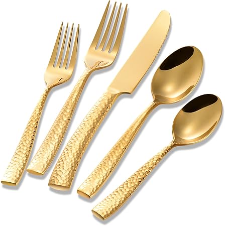 Flatasy Flatware Set Gold Silverware Set Stainless Steel Hammered Mirror Polish 20 Piece Cutlery Set Home Kitchen Restaurant Hotel Use Wedding Gift Service for 4