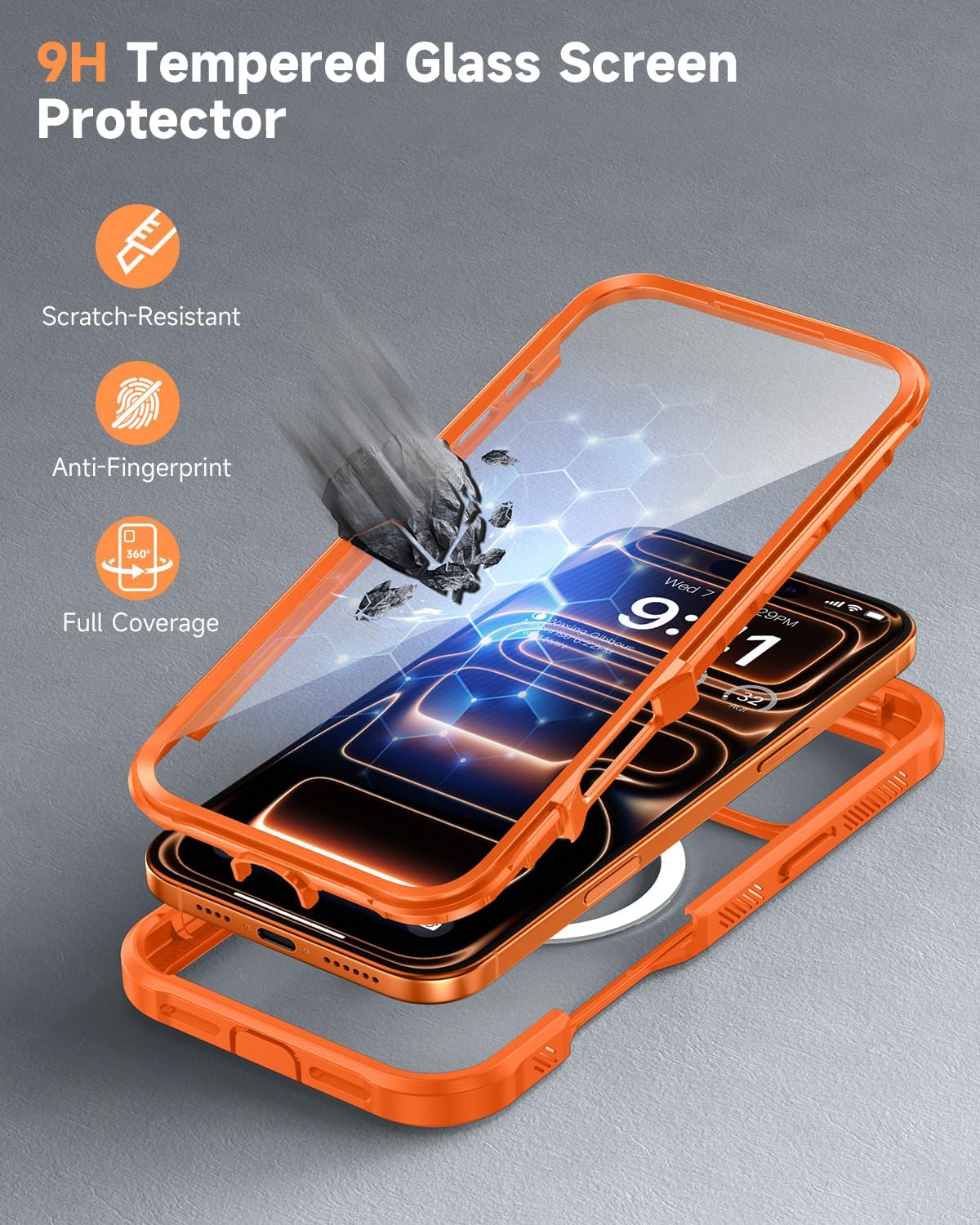 seacosmo for iPhone 17 Pro Max Case, Full Body Bumper with Built-in Tempered Glass Screen and Camera Lens Protector, Compatible with MagSafe, Shockproof 17 Pro Max Phone Case, 6.9", Orange