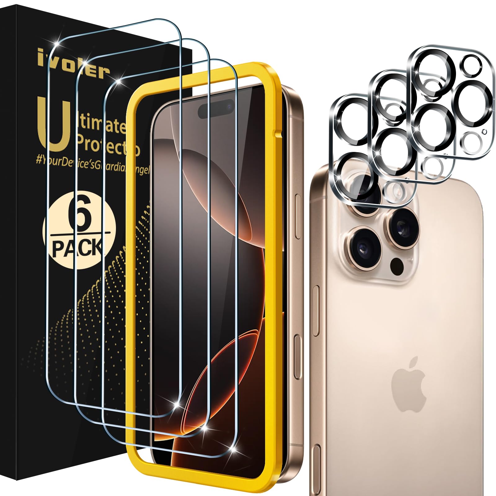 iVoler Vetro Temperato per iPhone 16 PRO, 3 Pezzi Pellicola Protettiva Anti Graffio e Fotocamera Con Cornice di Installazione, HD Chiaro, Senza Bolle