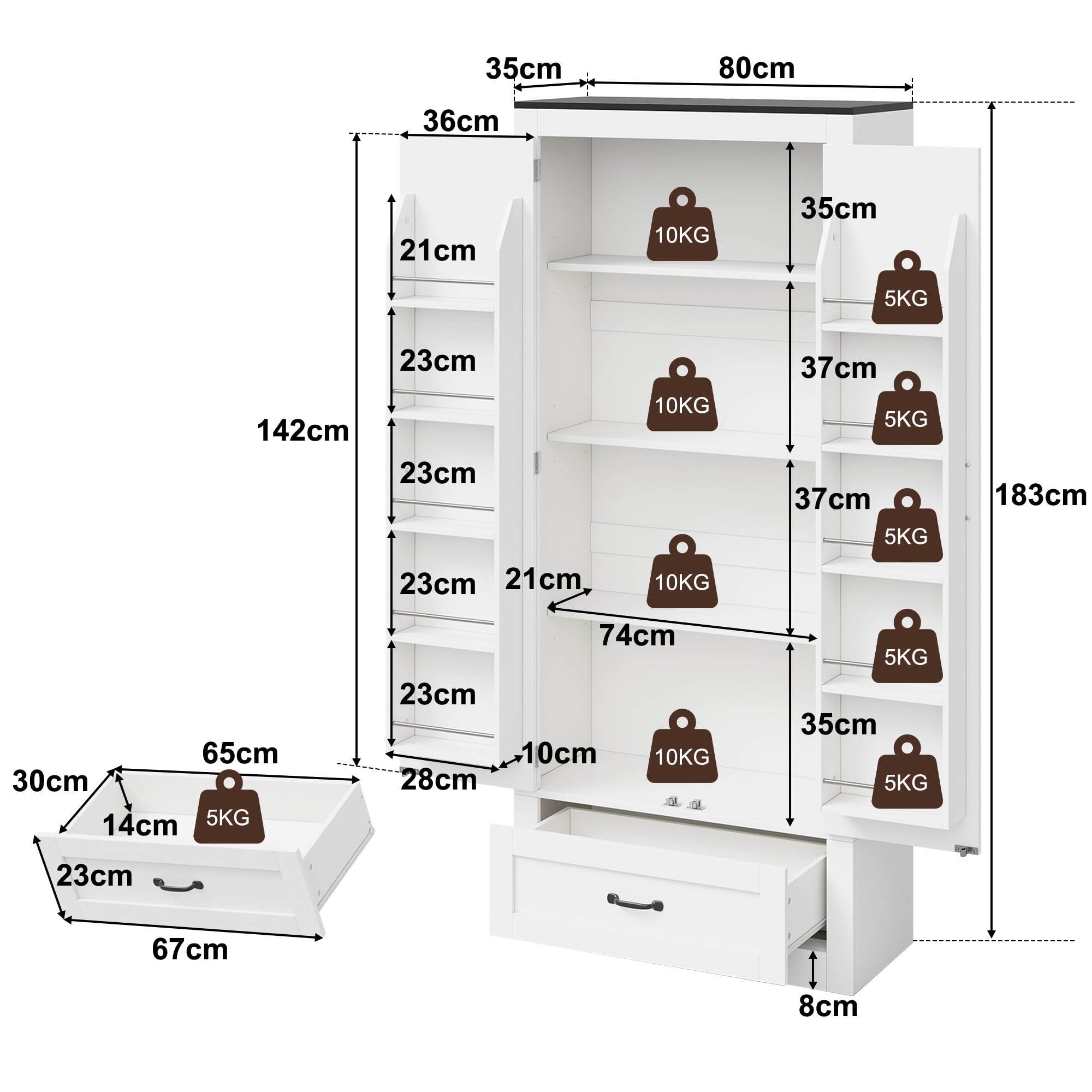 Armadio da cucina, alto con 2 ante e 1 cassetto, con ripiani, 80 x 35 x 183 cm