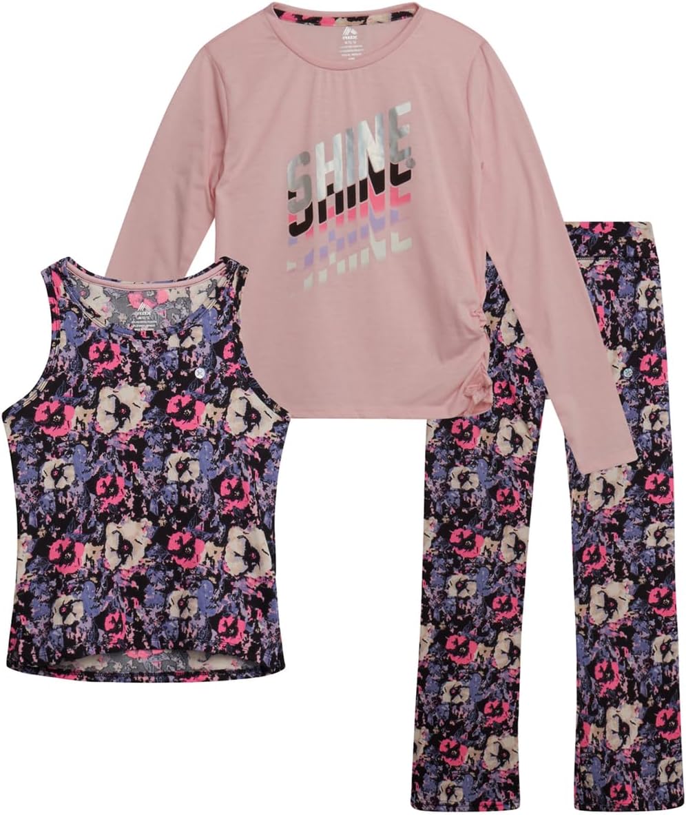 RBX Girls Active Pants Set - 3 Piece Everyday Long Sleeve Graphic Tee, Matching Tank Top and Leggings for Girls (Sizes: 7-16)