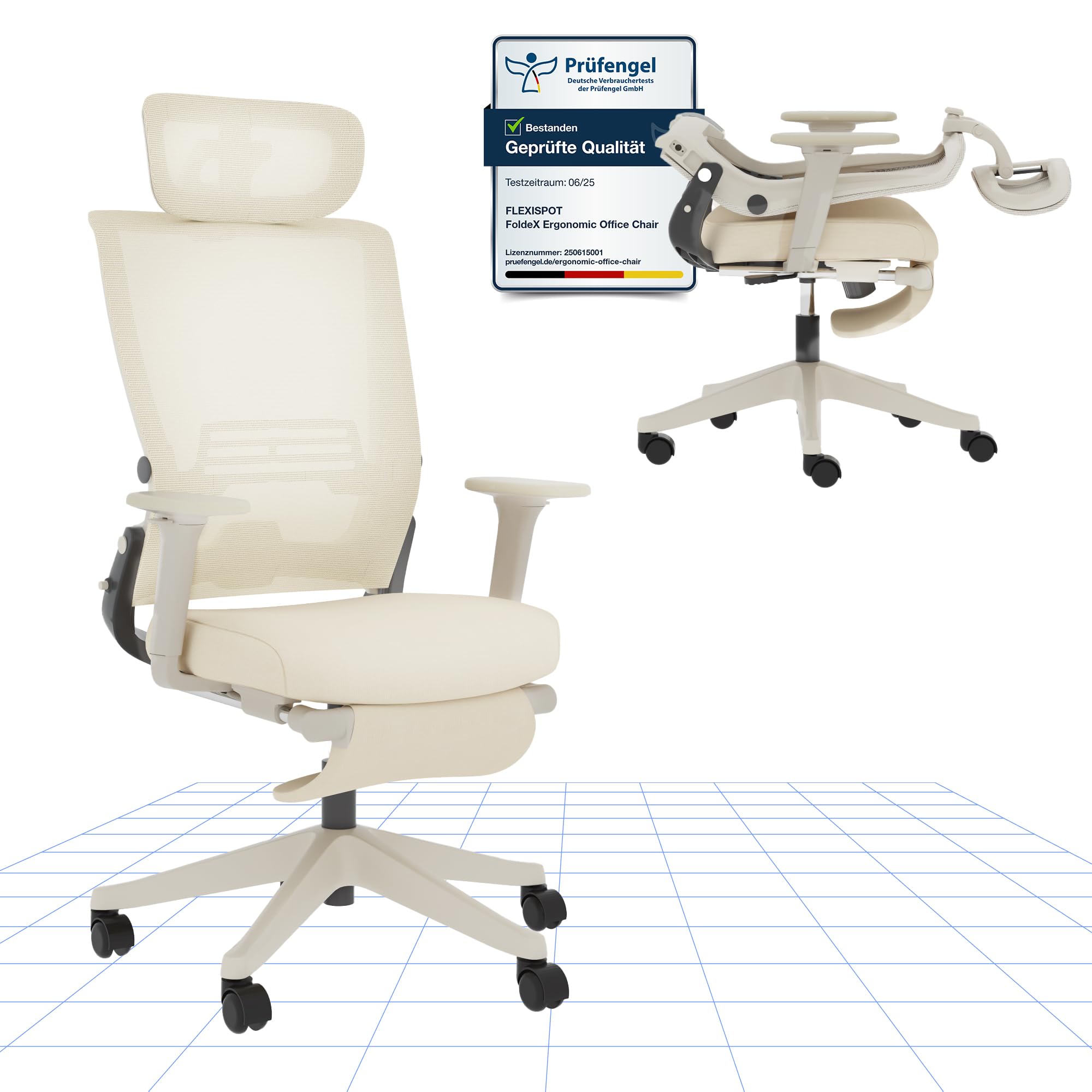 FLEXISPOT Foldex Chaise Bureau Pliante, Chaise Ergonomique avec Support Lombaire, Accoudoirs Réglables en Hauteur, Appui-Tête 2D, Chaises de Bureau avec Repose-Pieds, Beige