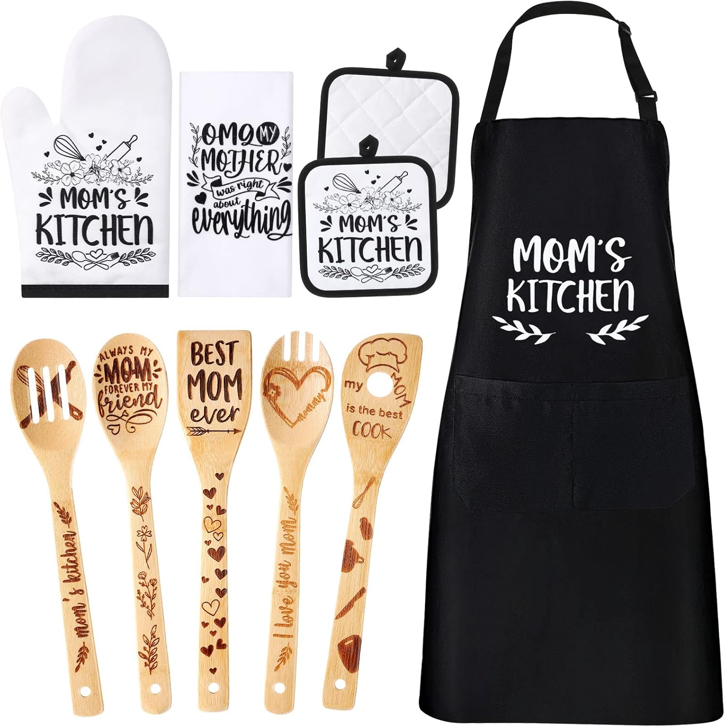 Vicenpal 10 Pcs Mom Gifts Set Including Cotton Apron Mom Tea Towel Bamboo Kitchen Cooking Spatula Pot Holders Oven Mitt Birthday Christmas Holiday Favor