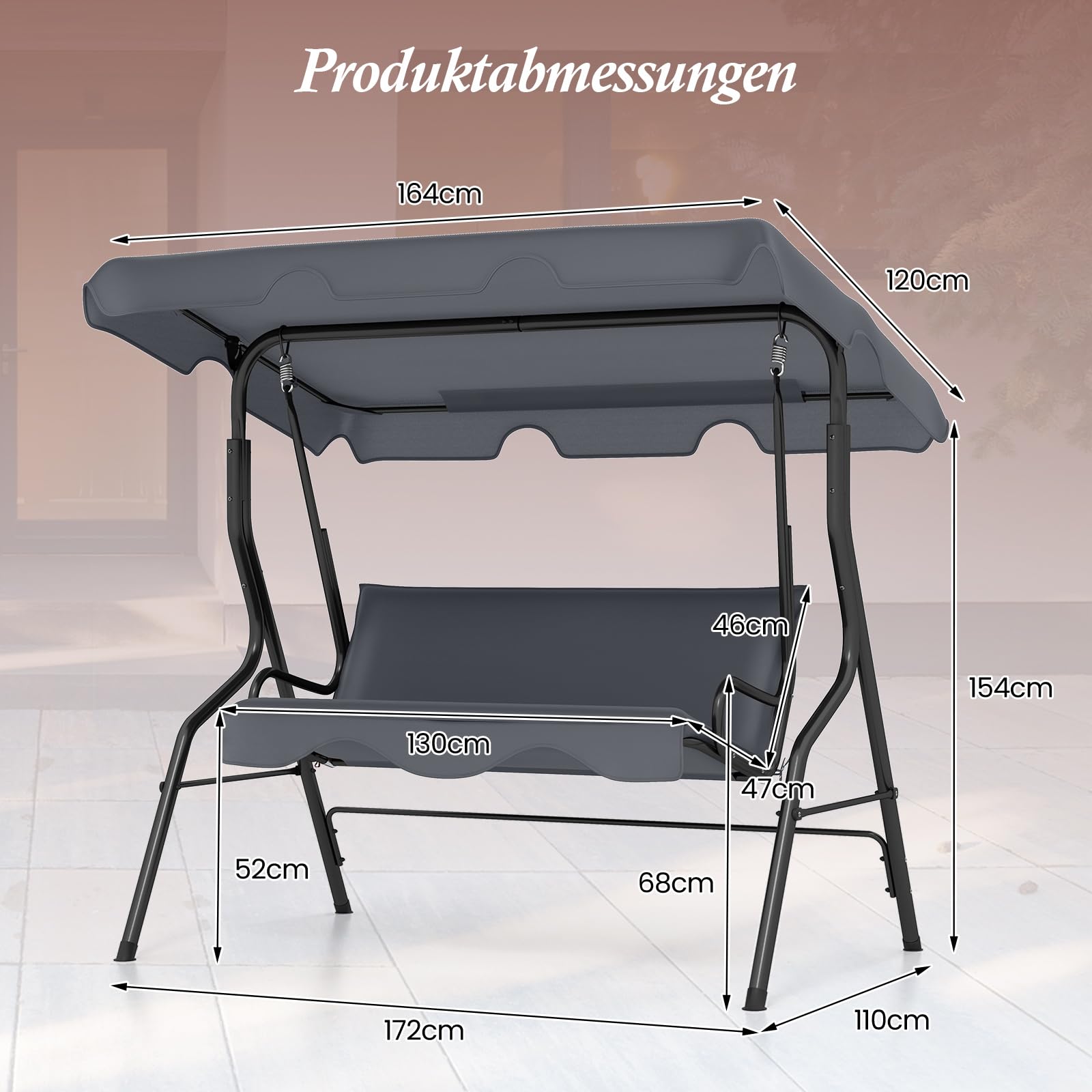 RELAX4LIFE Hollywoodschaukel 3-Sitzer, Schaukelbank mit verstellbarem Sonnendach, Gartenschaukel Stahl, Gartenliege für Garten & Terrasse & Balkon, stabile Gartenbank, Schaukel Farbewahl (Grau)