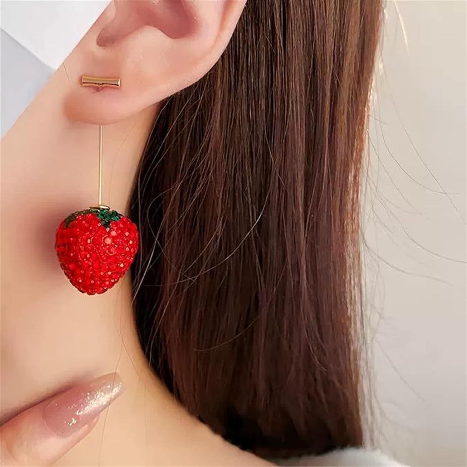 WCRAZYE Strawberry Earrings for Women Cute Long Simulated 3D Red Rhinestone Fruit strawberry Dangle Drop Statement Earrings Strawberry Festival B-Day Party Cosplay Jewelry - Image 3