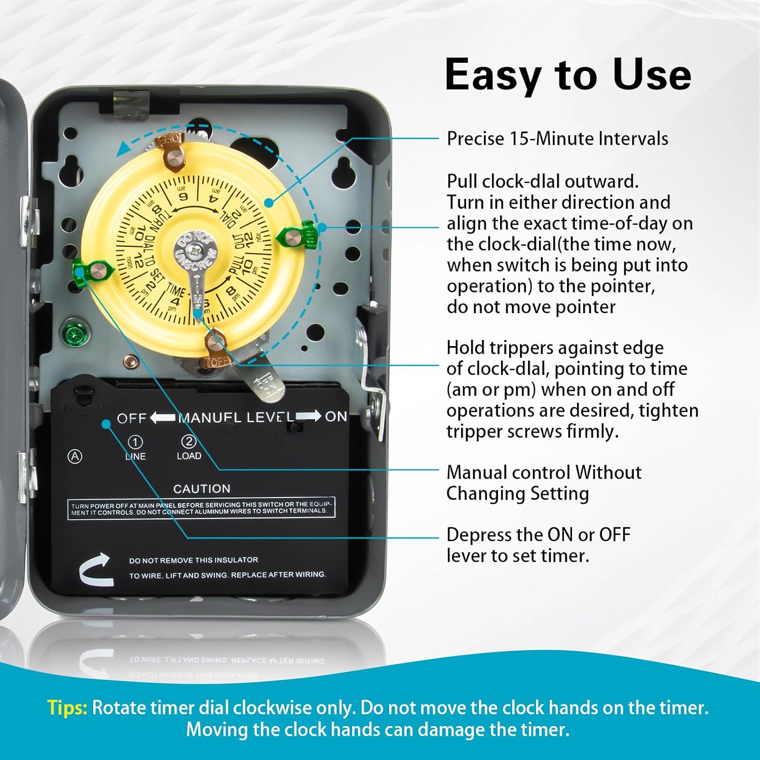 T101 Mechanical Timer Switch, 120V 40A SPST, 2HP for Outdoor Light Timer, Water Heater, HVAC & Pool Pump – 12 ON/Off Cycles, Manual Override, Trippers Included – Ideal for All Uses