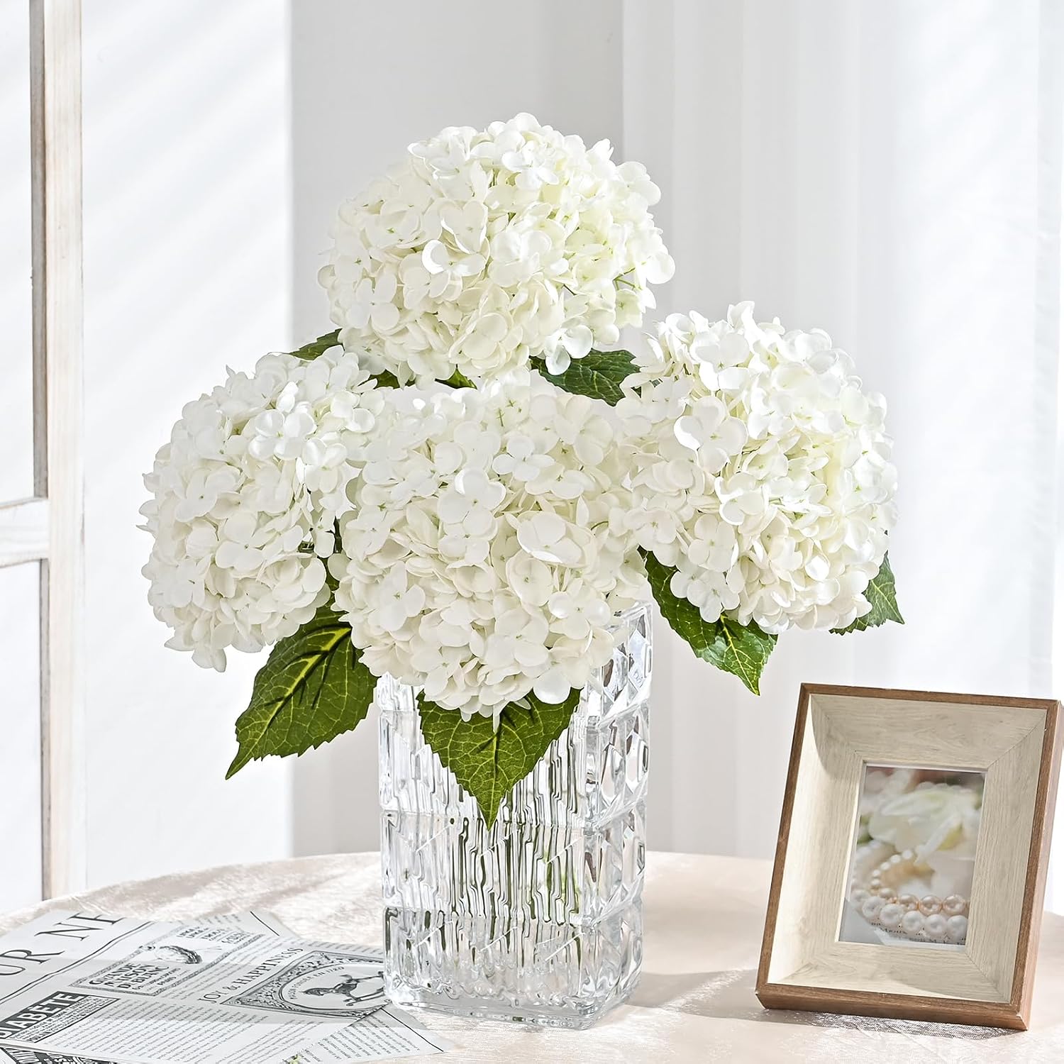 martine mall 5pcs 21in hydrangea artificial flowers, latex real touch hydrangeas lifelike large hydrangea flowers for home decor party arrangements wedding bouquets centerpieces (white) 5pcs white