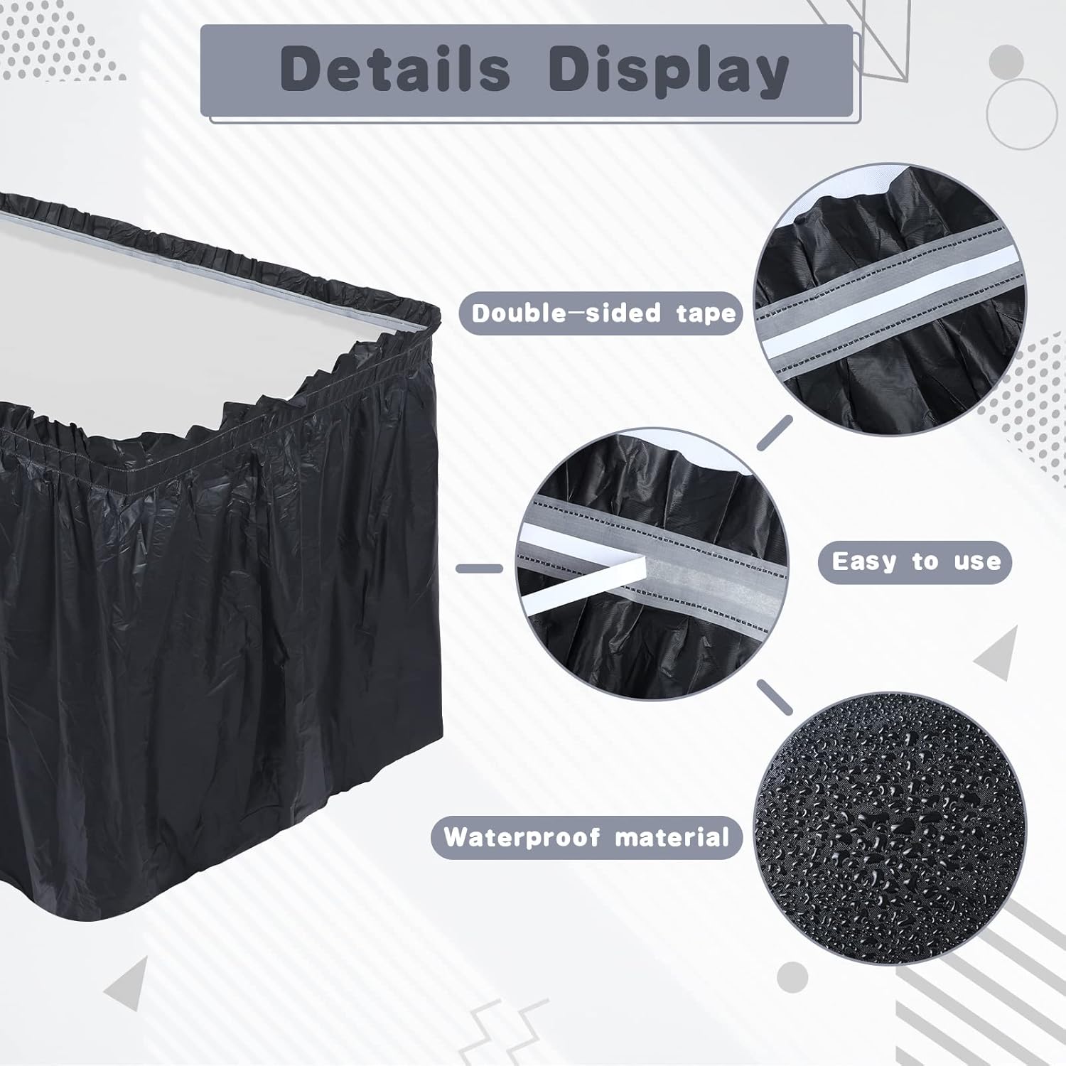 Tegeme 8 Pieces Black Plastic Table Skirts for Rectangle Tables, 14 ft x 29 in Disposable Ruffle Table Skirting with Adhesive Strip, Bulk Party Supplies for Wedding, Birthday, Baby Shower & Banquet