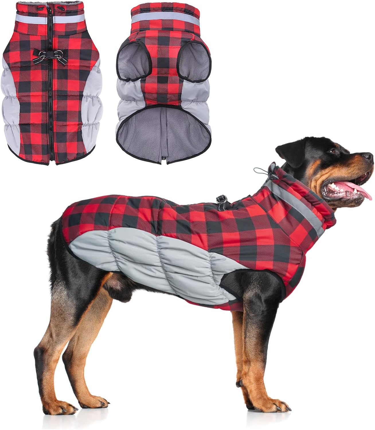 BEAUTYZOO Dog Winter Coat with Harness Built in, Reflective Plaid Puffer Vest Waterproof for Large Dogs, Fleece Warm Puppy Zipped Jacket with D Ring, Pet Cold Weather Sweater Clothes, Red L