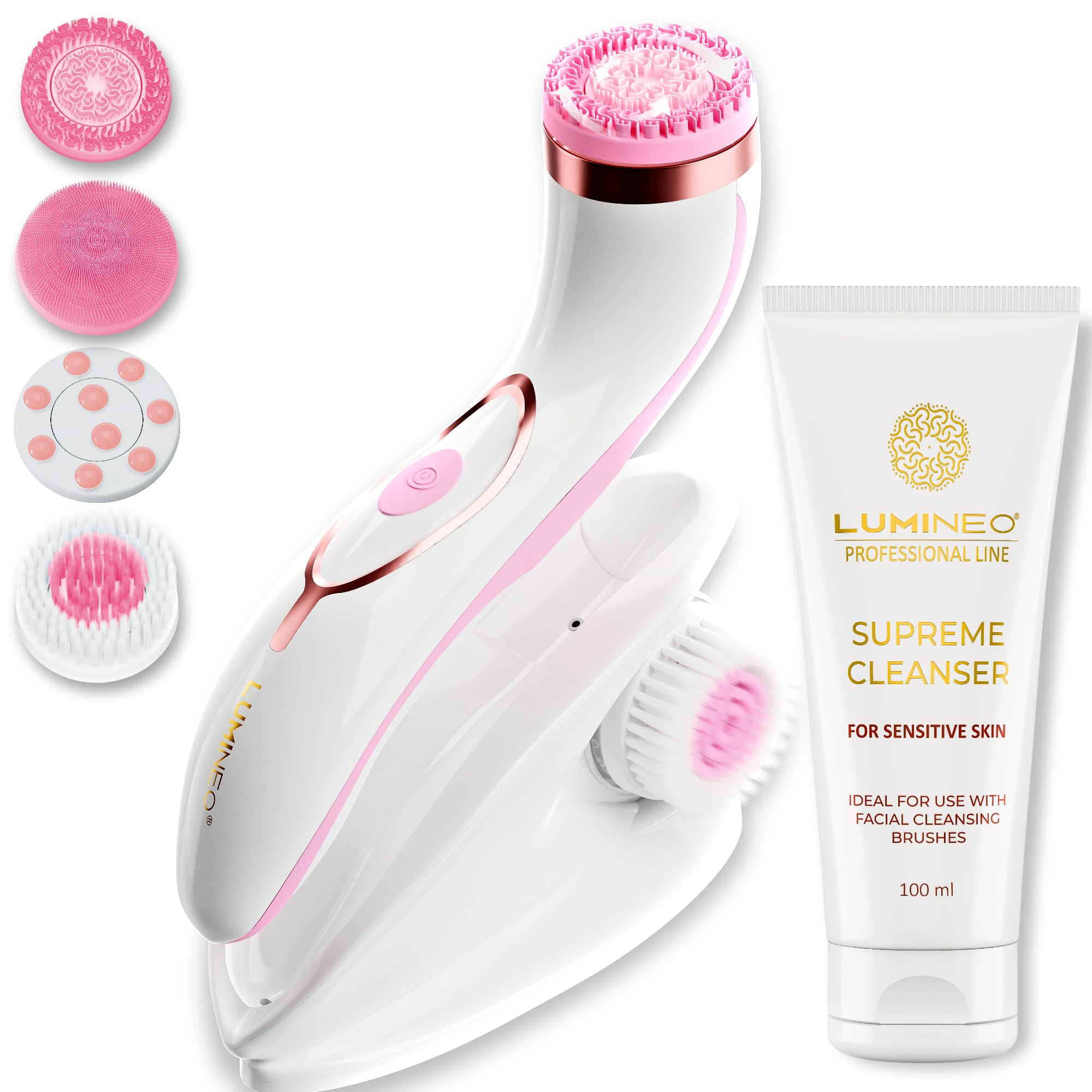 Lumineo PRO pulizia profonda del viso, spazzola per il viso con 4 accessori, USB-C, impermeabile IPX6, con gel detergente abbinato per pelli sensibili (rosa)