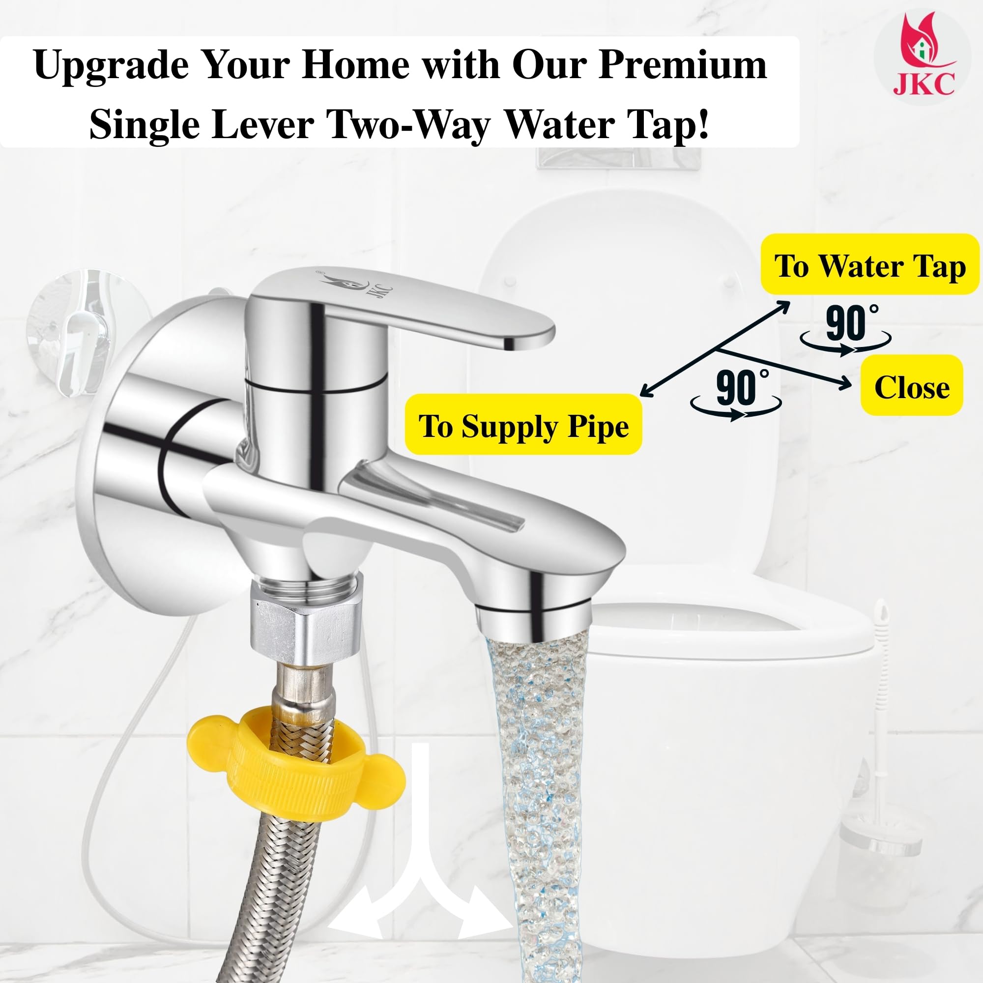 JKC Advanced Single Lever Two Way Bib Tap with Ceramic Cartridge, Dual Tap for Washing Machine, 2 in 1 Tap Functionality, Includes Wall Flange and Teflon Tape, Chrome Finished 1