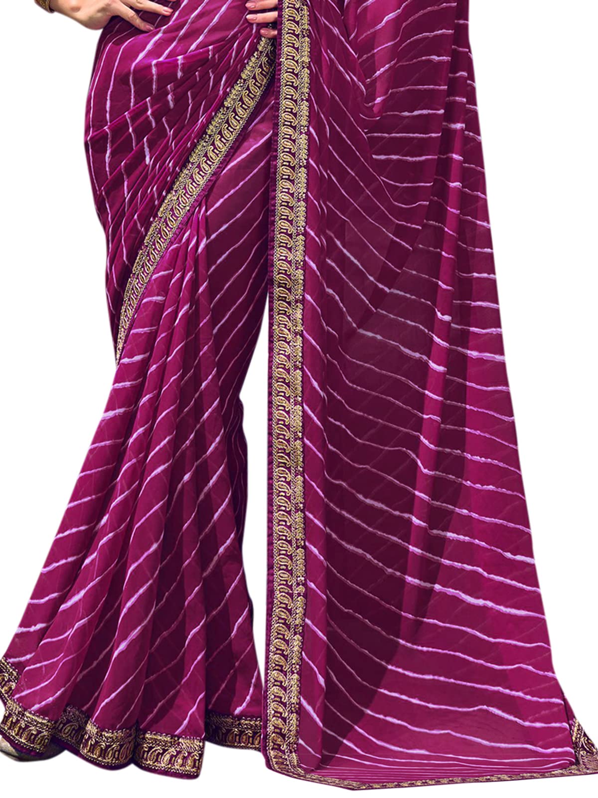 Satrani Women's Leheriya Printed & Lace Georgette Saree With Unstitched Blouse Piece(2555S285N_Purple)
