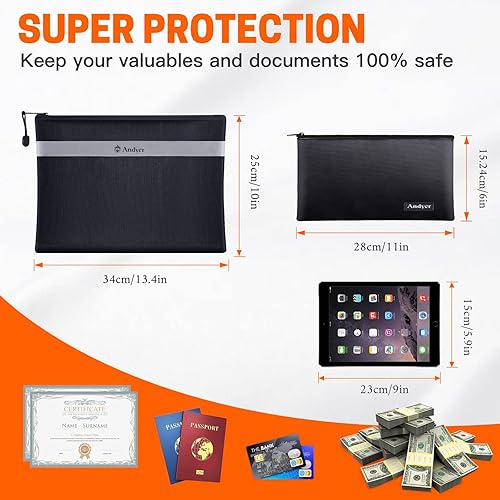 Miniatura 3 de Andyer Bolsa de documentos ignífuga con bolsa de dinero, paquete de 2 unidades de 13.4 x 10 pulgadas y 11 x 6 pulgadas, bolsa impermeable ignífuga
