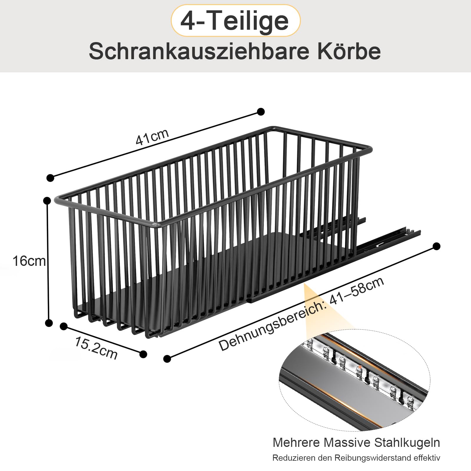 4er-Pack ausziehbare Korbschubladen für Schränke, abnehmbarer Zugkorb, ausziehbare Korbschubladen, Speisekammerorganisation Küche Aufbewahrungsregal Korb für Schrank, Restaurant, Badezimmer