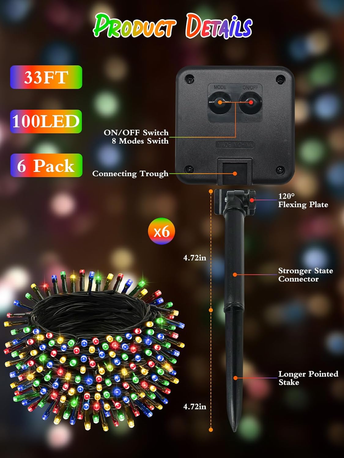 6 Pack Christmas Solar String Lights Outdoor Waterproof, 198FT 600 LED Green Wire Solar Fairy Lights with 8 Modes, Solar Twinkle Lights for Garden Tree Patio Fence Christmas Decorations (Multicolor)