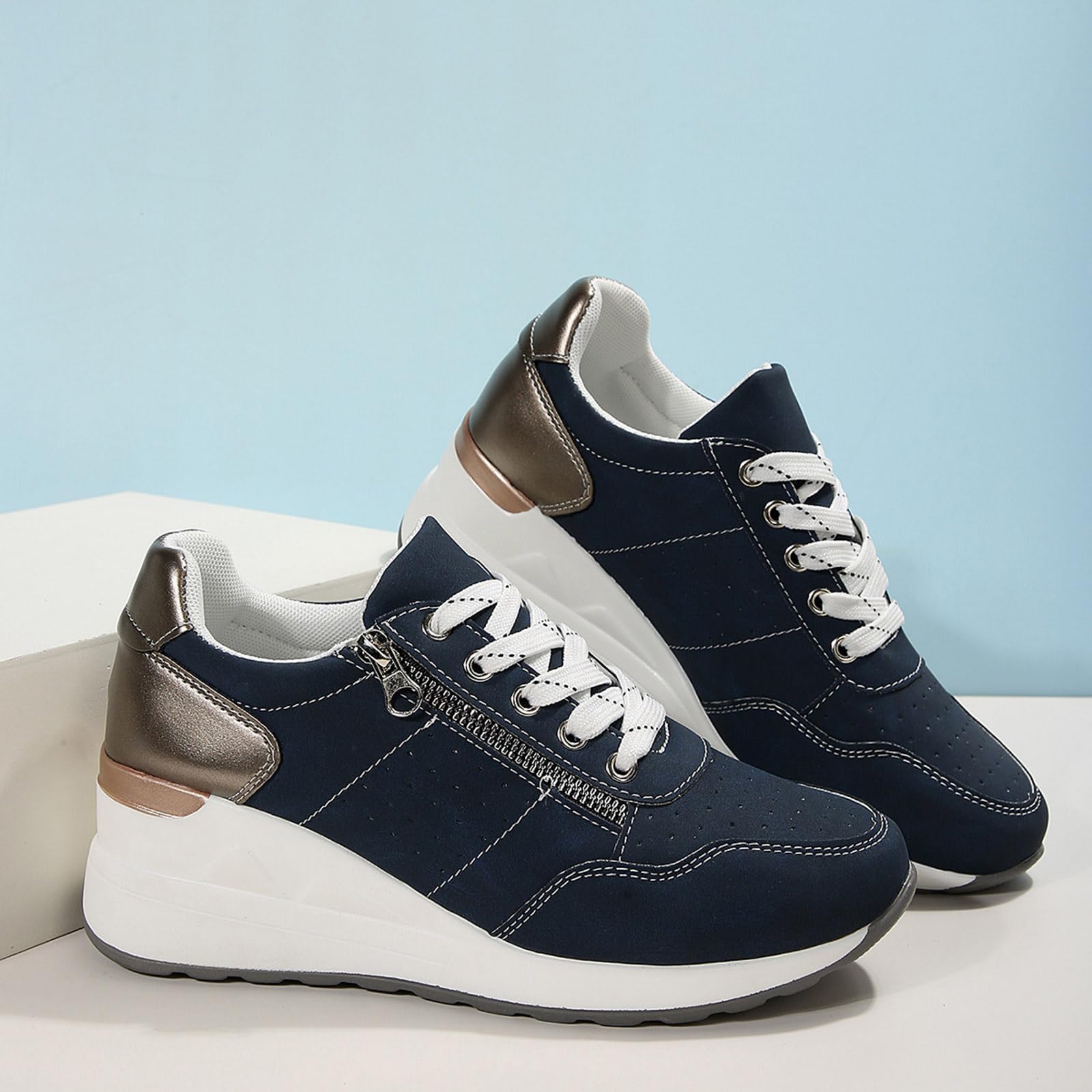 Zapatillas de correr para mujer, zapatos casuales con cordones, tacón de cuña, suela gruesa, zapatos de cordones a la moda, punta cerrada suave, zapatos deportivos transpirables