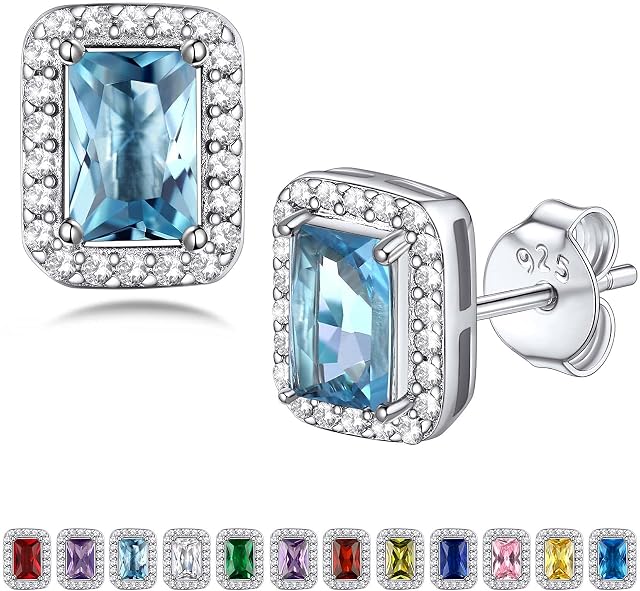 Bestyle Sparkling 925 Sterling Silver Birthstone Stud Earrings for Women, Heart/Round/Teardrop/Square Crystal Solitaire Diamond Studs Halo Earrings, Great Birthday/Christmas Gifts