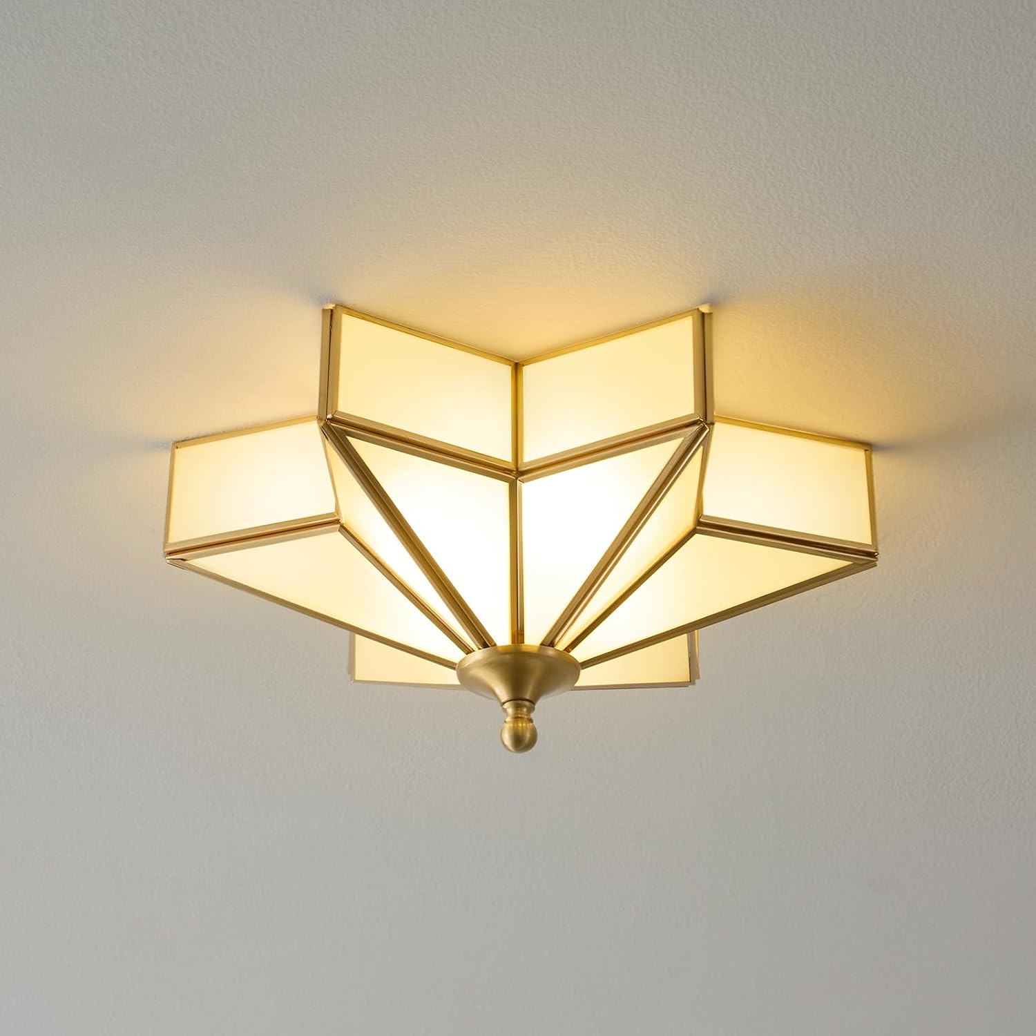 Star Brass Glass Ceiling Light - Small 12 Inch Gold Milk Flush Mount Fixture - Unique Art Deco Vintage Modern Lighting Lights for Bedroom Dining Foyer Entryway Hall Hallway Outdoor Porch