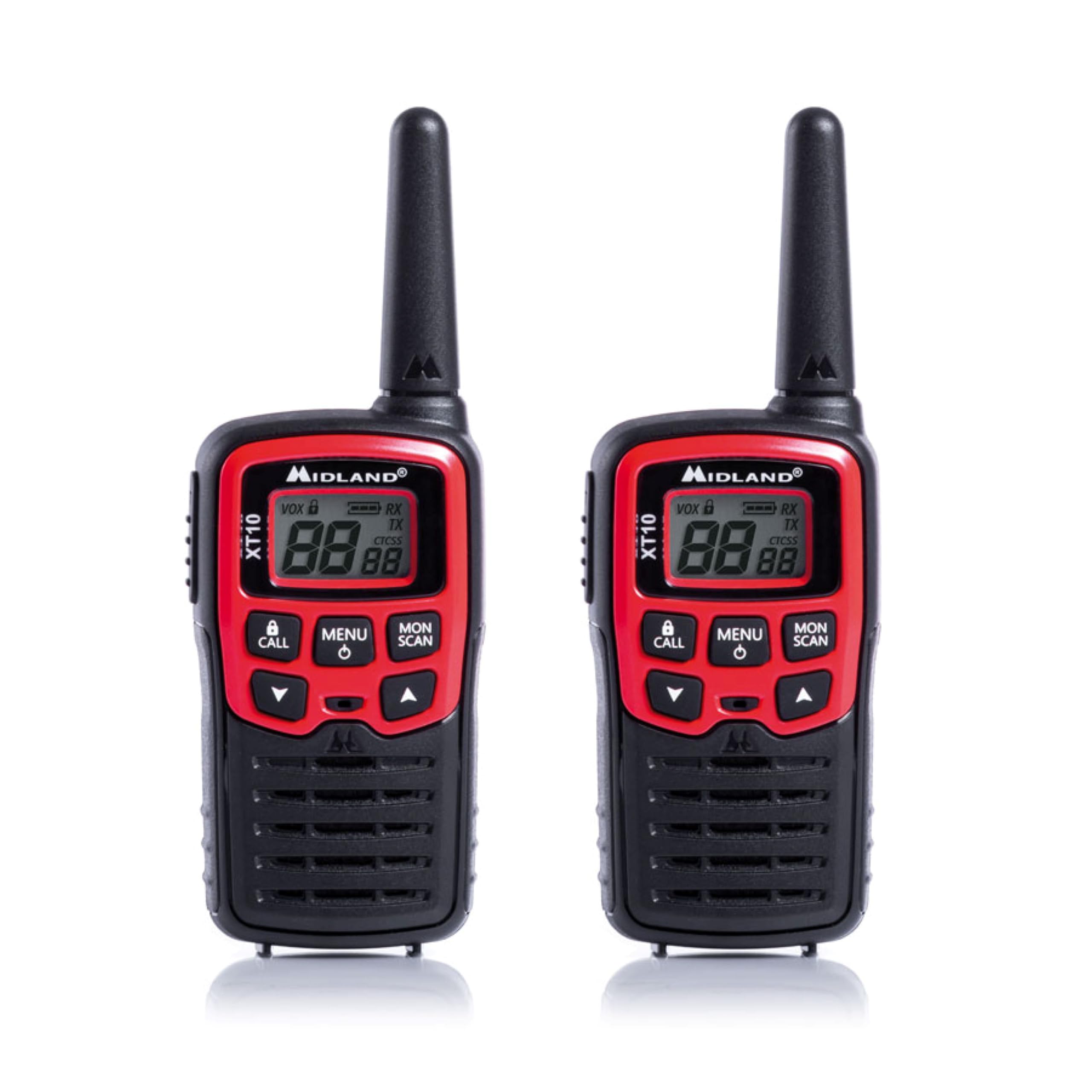 Midland - Talkie Walkie 4Km Professionnel XT10, 2 Radio Récepteur Émetteur Entry Level Chasse, Outdoor et Randonnée, 16 Canaux PMR446 sans Licence, 38 Tons CTCSS, VOX, SCAN, 2 Clips de Ceinture Inclus