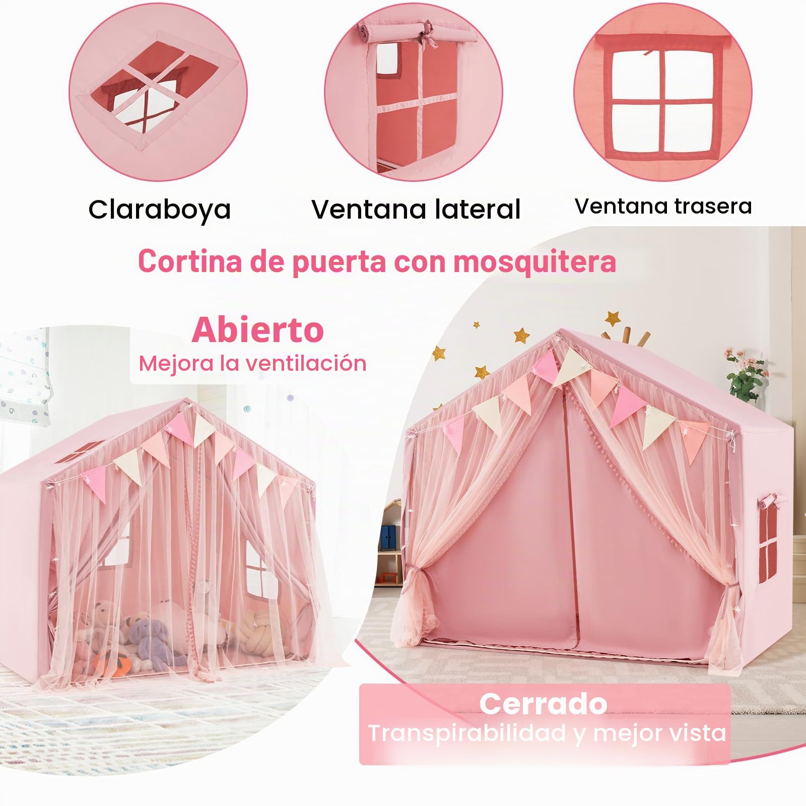 HOMASIS Tienda de Campaña Infantil con Colchoneta de Algodón, Casitas Infantil Tela de Interior con Luces, Cortina y Banderas, Cabañas para Niños a Partir de 3 Años, 146x96x133cm (Rosa)