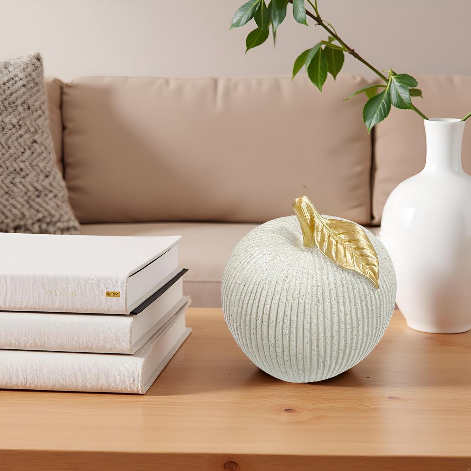 Gray-White Apple Figurine with Gold Leaf, Apple Sculpture for Modern Home Decor, Decorative Fruit Ornament for Kitchen, Living Room, Coffee Table & Shelf Styling