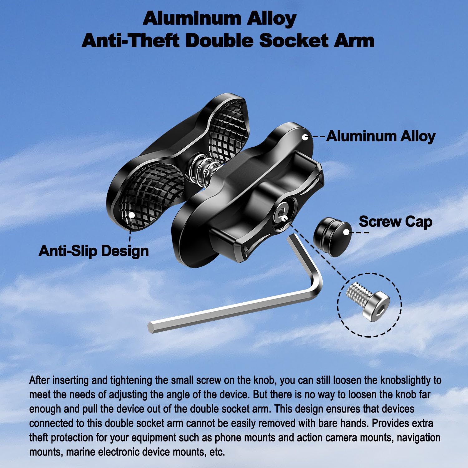 iMESTOU Brazo Doble Antirrobo de 1 Pulgada para Soportes RAM Tamaño B. Adaptador de Rótula de Seguridad de Aluminio Aeronáutico con Ajuste sin Herramientas, Longitud de 2.5 Pulgadas