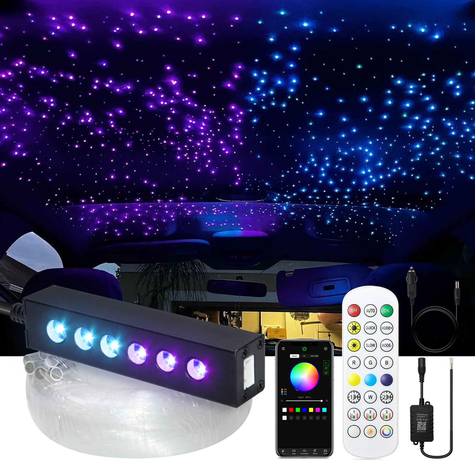 3.2W 6LEDs Meteor Starlight Headliner Kit, 360pcs 0.01in 6.56ft, RGBW Shooting Stars Fiber Optic Lights with Bluetooth APP Control for Car/Home Theater